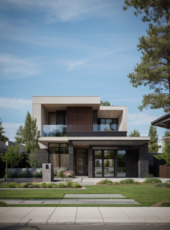 (masterpiece),(high quality), best quality, real,(realistic), super detailed, (full detail),(4k),8k,modern house exterior design,Modern architecture,Sandstone,whitewall,Beautiful_sky,Day light, no_humans, outdoors,sky,tree,Garden flower front of building,