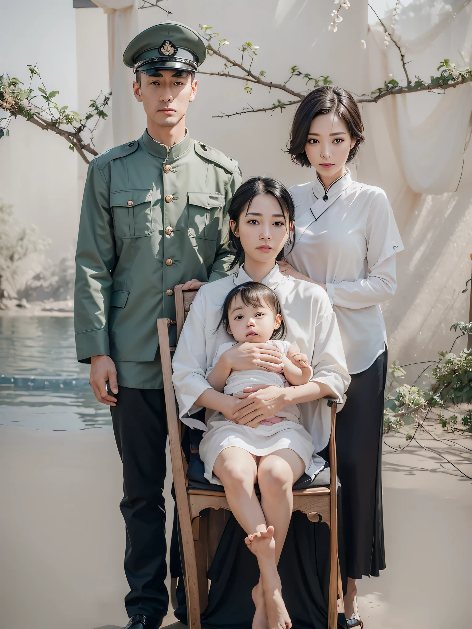 This is an outdoor portrait photo depicting a Chinese family of four。In the center of the photo sits a 70-year-old grandmother.，她把Sun Tzu抱在怀里，Sun Tzu&#39;short detailed hair，Cross your hands over your chest，Feet exposed，The toes are clearly visible。Behind them stood a man in uniform.，我旁边是一位short detailed hair女士，She is wearing a white short-sleeved shirt，Show symmetrical facial features and clear ears，Presenting ultra-clear and lifelike beauty。 Photo details are extremely fine，The texture of the clothes is clear，Light and shadow are natural，Symmetrical collar、coordination。Facial features are highly visible，The details of the eyes and face are very delicate，Showcase the best image quality。Real and delicate skin texture，tas&#39;Like you can feel the texture and glow of your skin，Just like a digital SLR camera。 Photos feature soft lighting and cinematic lighting techniqueake the picture rich in color levels，while maintaining sharp focus。Close-ups capture ultra-high resolution details of fingers and toes，Accurate，There is no superfluous part。 This work is a masterpiece，With its realistic photography effects、Detailed skin expressions and film grain textures，Provides stunning realism and realism。tass 8K ultra-high resolution ensures the ultimate clarity of images，Whether used as wallpaper or，Able to show unparalleled visual effects。