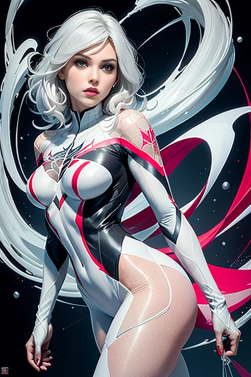 spider gwen, Hot, partial , hightquality, Dynamic Poses, Beautiful, Gorgeous, In love, White hair, Short suit, spider in a suit, white black red suit、Elisha Cuthbert