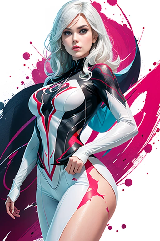 spider gwen, Hot, partial , hightquality, Dynamic Poses, Beautiful, Gorgeous, In love, White hair, Short suit, spider in a suit, white black red suit、Elisha Cuthbert