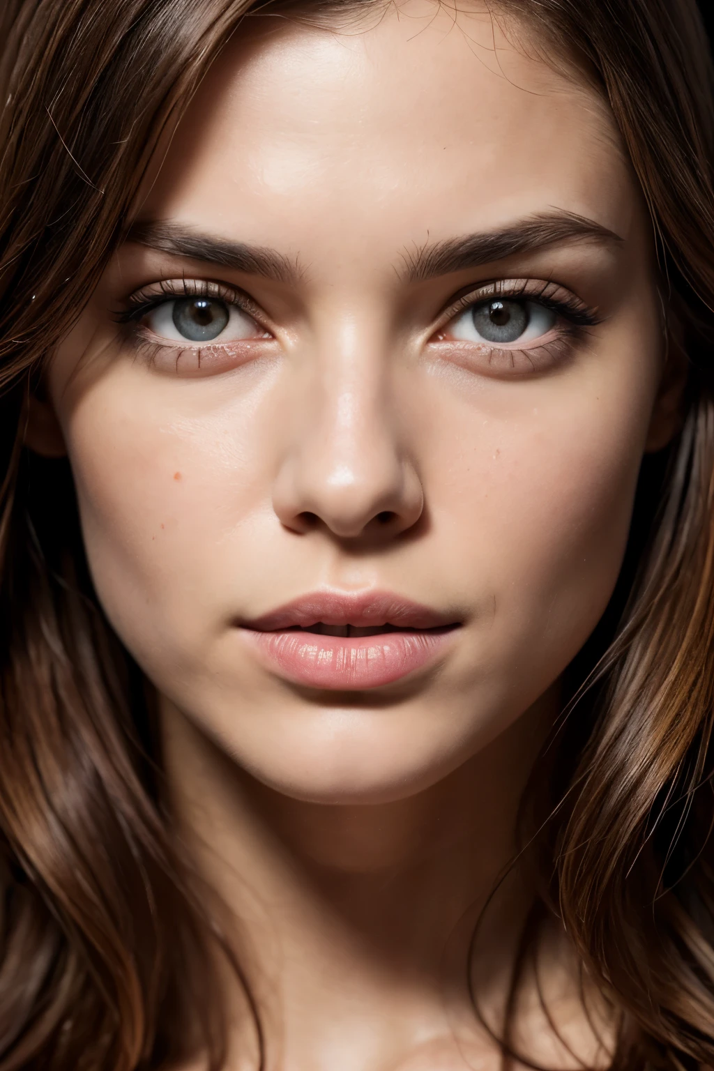 masterpiece, Best Quality, Photorealistic, Ultra-detailed, finely detail, hight resolution, 8k wallpaper, RAW color photo, Professional, high level of detail, Beautiful brunette woman, (detailed brown eyeoco nítido, awardwinning photo, ((Facing the front)), ((Look at viewers)), Small light, Low contrast, Facial symmetry, depth of fields, Cinematic background, portrait photo, central image, Lights up softly, (finely detailed skin), pale skin, Realistic skin texture, Extreme skin details, (pores: 0.1)