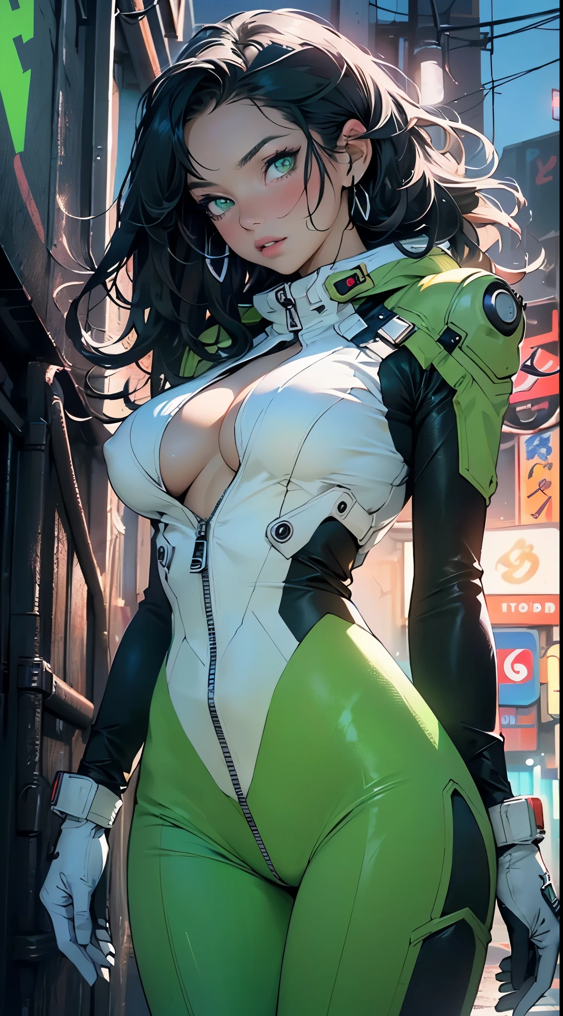 girl spacepunk,(((1girl))),((beautiful girl with spacesuit)),woman,1female,((milf,mom,mature,mature woman,45 years old female,adult)),
(large breasts:1.4),saggy breasts,(((dark hair:1.4,straight hair,long hair:1.4,colored inner hair))),(((green_eyes:1.3))),intricate eyes,beautiful detailed eyes,symmetrical eyes,((fat)),(((lustrous skin:1.5,bright skin: 1.5,skin tanned,shiny skin,very shiny skin,shiny body,plastic glitter skin,exaggerated shiny skin,illuminated skin,wet legs))),(spider lower abdomen,narrow waist,wide hip,imbo body,inflated legs, thick thighs,detailed body,(detailed face)),
cute,slutty,seductive,erotic,(((nsfw))),
revealing clothing,show skin,((underboob:1.5)),(cleavage),((space suit outfit, green space suit,short sleeve spacesuit)),(wearing a space suit outfit:1.3,space suit clothes),((zipper suit, zipper slightly unzipped))),((wet clothes,intricate outfit,intricate clothes)),
(dynamic pose:1.0),solo focus,embarrassed,(centered,scale to fit dimensions,Rule of thirds),
cyberpunk city by the ocean at night, with bright neon signs and dark stormy clouds and puddles, scenery:1.25,nighttime, starry night, cosmos,Very dark night that makes the neon lights stand out, very bright neon lights,nighttime, starry night, cosmos,
artistic photography,(photography taken by sldr),highres, sharp focus,(ultra detailed, extremely detailed), (photorealistic artwork:1.37),(extremely detailed CG unity 8k wallpaper),((synthwave background theme)),(((vibrant colors))),intricate,(intricate background),(masterpiece),(best quality),perfect rendered face,perfect face details,realistic face,photo realistic,analog style,((intricate detail)),(((realism))),