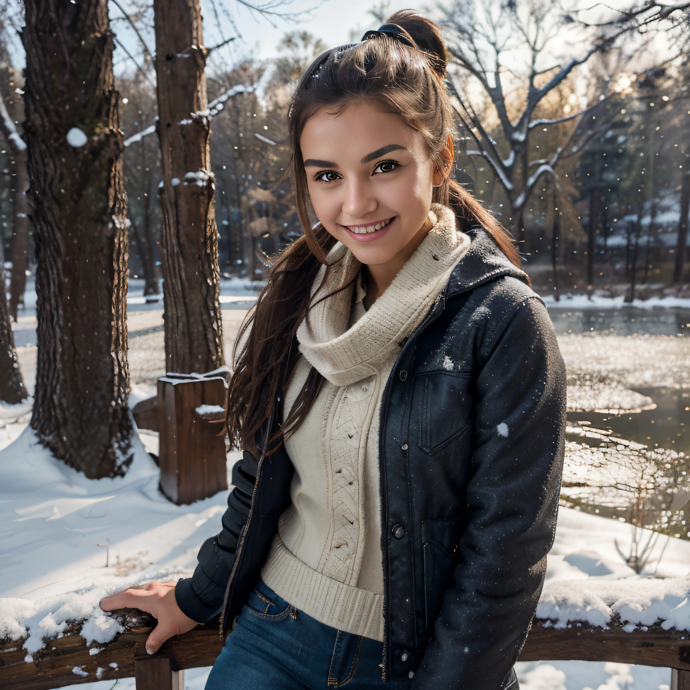 masterpiece, best quality, ultra-detailed, brown eyes, dark brunette, ponytail, more smile, natural light, black winter jacket, (1 girl, solo: 1.3), winter czech park, (light in hair), jeans, (frozen lake on in the background as a decoration: 0.8), winter, more snow, dynamic posture, (flirting with camera: 0.7)