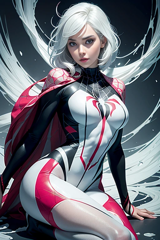 spider gwen, Hot, partial , hightquality, Dynamic Poses, Beautiful, Gorgeous, In love, White hair, Short suit, spider in a suit, black and white red watermelon cuthbert