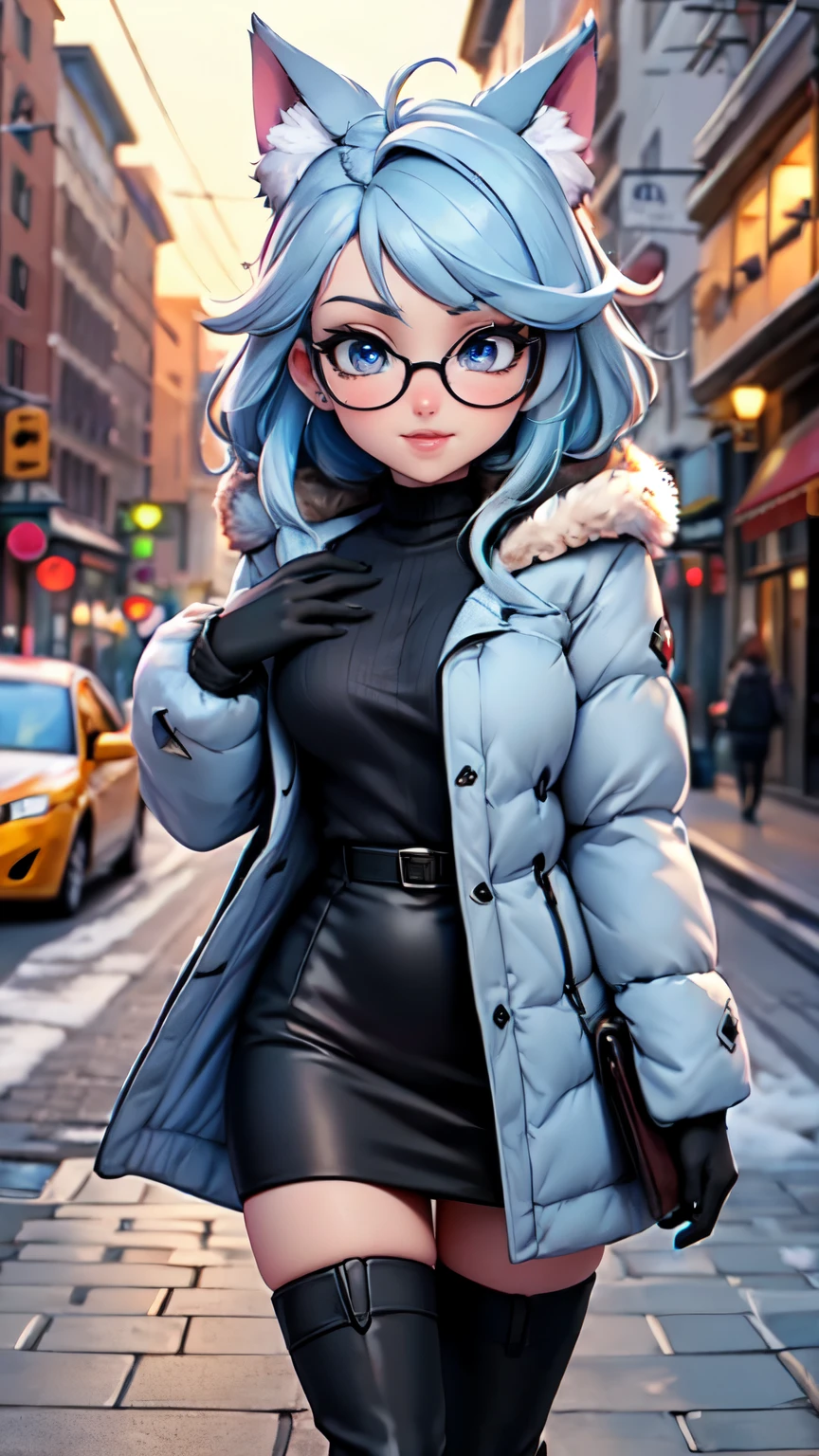 Masterpiece, beautiful art, professional artist, 8k, art style by sciamano240, very detailed face, detailed hair, detailed clothes, detailed fabric, 1girl, perfectly drawn body, beautiful face, long hair, light blue hair , very detailed blue cat eyes, wide smile, wearing trendy winter clothes , winter coat,black thigh boots, black pencil skirt, glasses, wearing gloves, pouty lips , rosey cheeks, evening winter setting, , show details in eyes, upclose view, looking at viewer, walking on sidewalk, purse on shoulder,