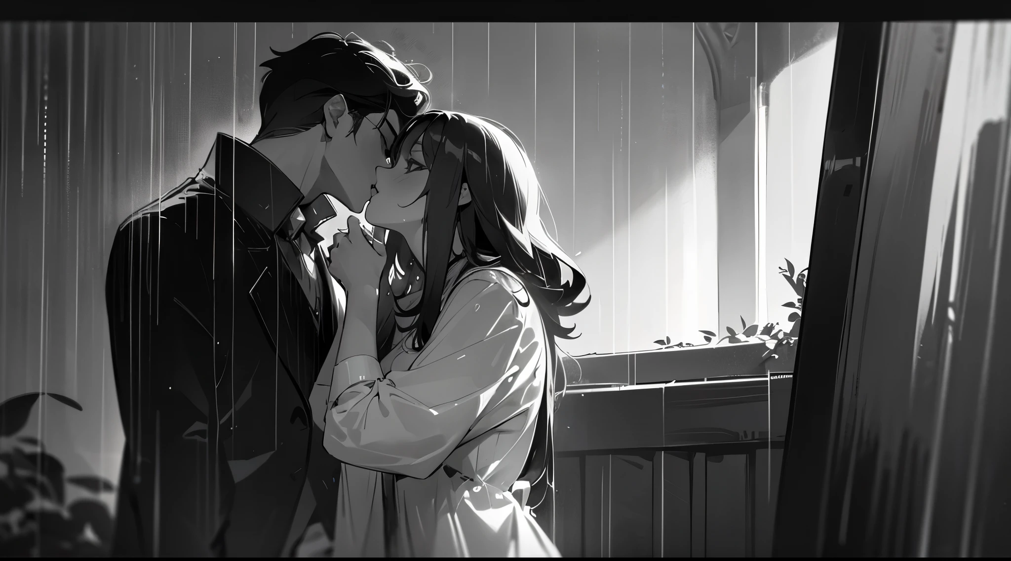 (large,high resolution,fine art,romantic),detailed man and girl kissing(kissing in the rain,gentle,passionate kiss),intense love,pleasure,embrace,great longing,(film noir,black and white),soft lighting,emotional connection,love story,tender moment,romantic atmosphere