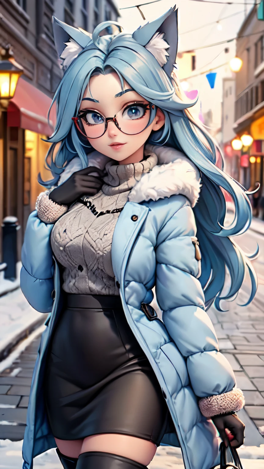 Masterpiece, beautiful art, professional artist, 8k, art style by sciamano240, very detailed face, detailed hair, detailed clothes, detailed fabric, 1girl, perfectly drawn body, beautiful face, long hair, light blue hair , very detailed blue cat eyes, wide smile, wearing trendy winter clothes , winter coat,black thigh boots, black pencil skirt, glasses, wearing gloves, pouty lips , rosey cheeks, evening winter setting, , show details in eyes, upclose view, looking at viewer, walking on sidewalk, purse on shoulder,