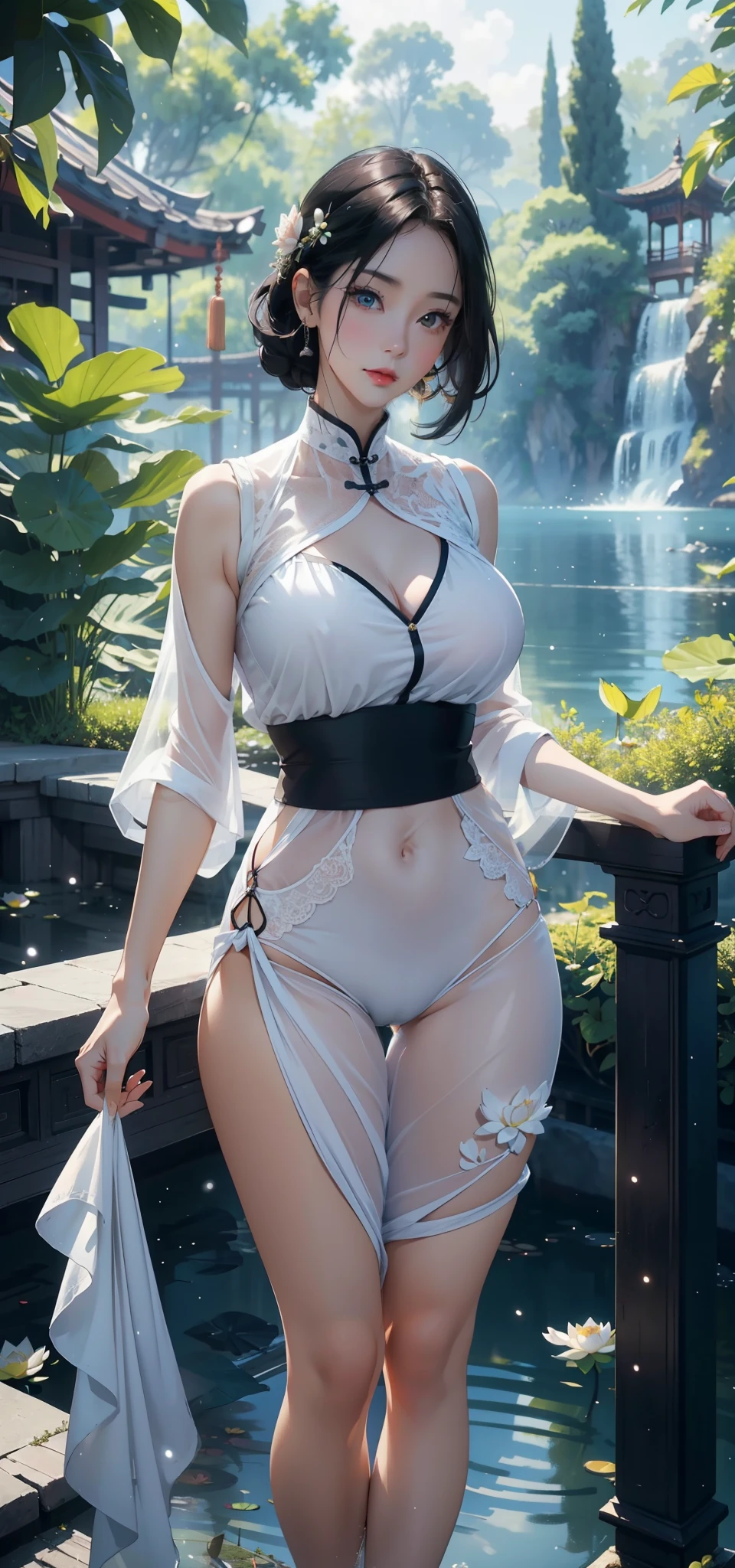 1female,45 yers old,Married woman,legs long, a slender waist, photo exposure, 独奏,(Background with:lake,lotus flower,at a forest) She has short black hair,standing in water,从frontage看, sky with many clouds,(((tmasterpiece),(Very detailed CG unified 8k wallpaper),Best quality,电影灯光,detailed back ground,beautiful pupil,(very delicate beautiful),(Beautiful and detailed eyes description),ultra - detailed,tmasterpiece,))Redlip,Snow-white skin,a little bit chubby,pubic hair very large,facing at the camera,A high resolution,ultra - detailed),Revealed,Very huge,Big breasts that expose the,, convex,Camel toes,(dressed in:,White transparent vest,),facing at the camera,frontage