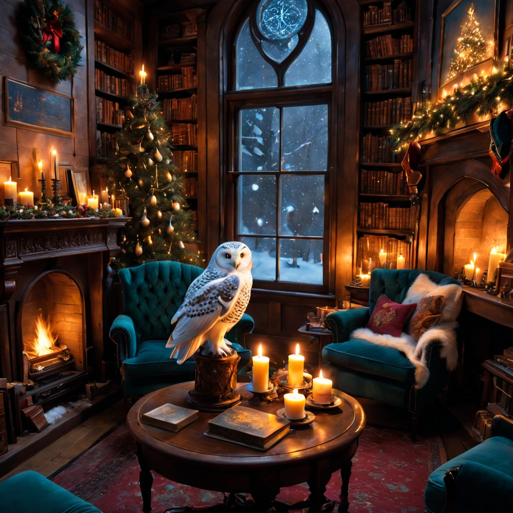 (best quality, highres), Harry Potter-inspired Christmas living room, cozy fireplace, magical atmosphere, festive decorations, enchanted Christmas tree, warm candlelight, vintage furniture, ornate bookshelves, intricate ornaments, spellbinding atmosphere, Hogwarts-inspired scenery, snow-covered windowpanes, mystical ambiance, cozy armchairs, steaming mugs of butterbeer, floating candles, shimmering Christmas lights, cozy reading nook, spellbooks, magical artifacts, flickering firelight, crackling logs, magical gifts, whimsical stockings, glowing embers, snowflakes dancing in the air, enchanting snow globe, magical portrait above the mantel, hidden passages, secret doorways, captivating Christmas carols filling the room, snowy owl perched on a chair, warm and inviting ambiance.