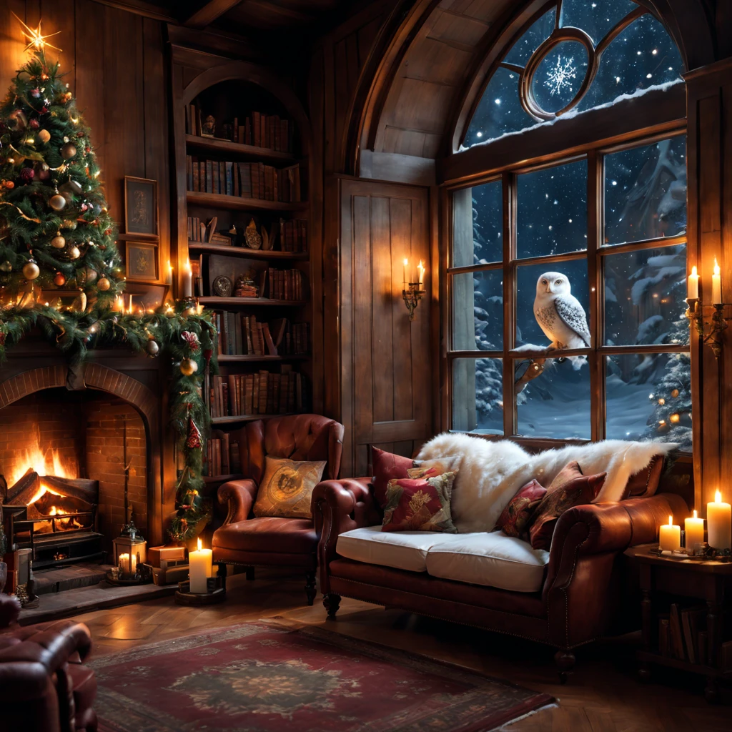 (best quality, highres), Harry Potter-inspired Christmas living room, cozy fireplace, magical atmosphere, festive decorations, enchanted Christmas tree, warm candlelight, vintage furniture, ornate bookshelves, intricate ornaments, spellbinding atmosphere, Hogwarts-inspired scenery, snow-covered windowpanes, mystical ambiance, cozy armchairs, steaming mugs of butterbeer, floating candles, shimmering Christmas lights, cozy reading nook, spellbooks, magical artifacts, flickering firelight, crackling logs, magical gifts, whimsical stockings, glowing embers, snowflakes dancing in the air, enchanting snow globe, magical portrait above the mantel, hidden passages, secret doorways, captivating Christmas carols filling the room, snowy owl perched on a chair, warm and inviting ambiance.