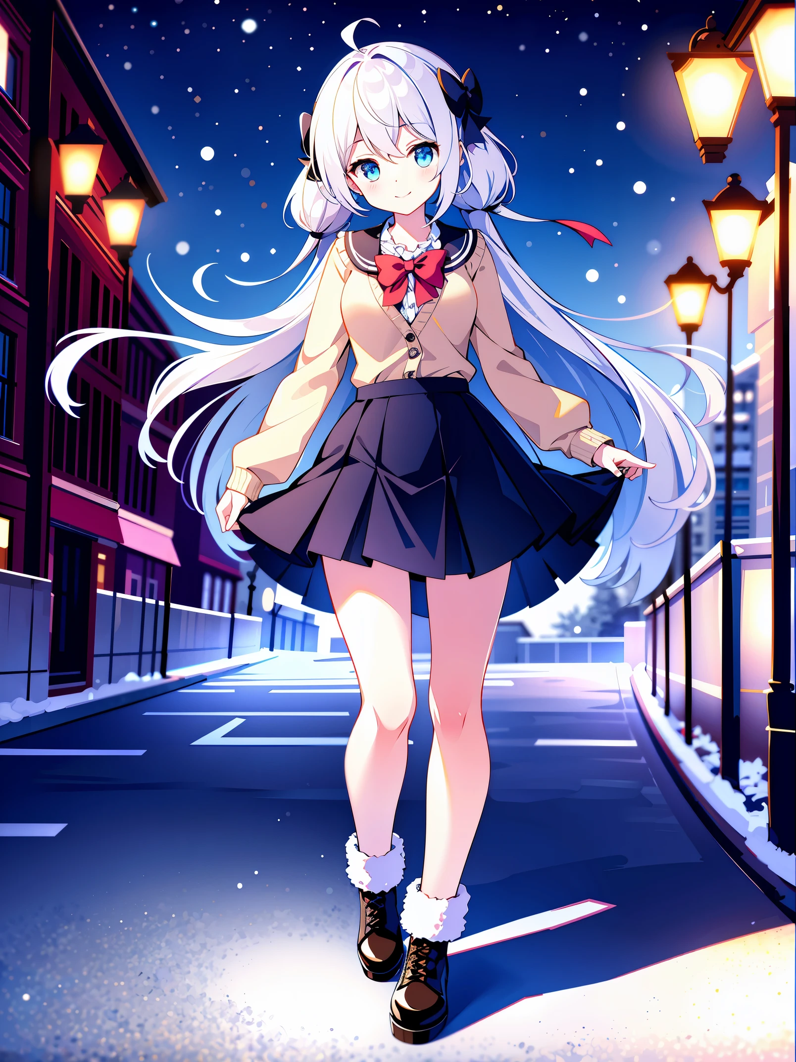 (masterpiece:1.2), best quality, highres, original, (extremely detailed:1.2), ultra-detailed, wallpaper, perfect lighting,(extremely detailed CG:1.2), 8k, anime illustration, 1girl, solo, smiling, (winter outfit:1.2), standing on the street, (knit cardigan, close the cardigan:1.14), (bowknot on cardigan:1.25), knee-length skirt, (Ruffled hemline on the skirt:1.3), winter boots, {delicate|detailed}clothes, (anatomically correct:1.34), close-up, full-body, looking at viewer, frontal, snowy street, (streetlight:1.17), city background, night, unity 4k