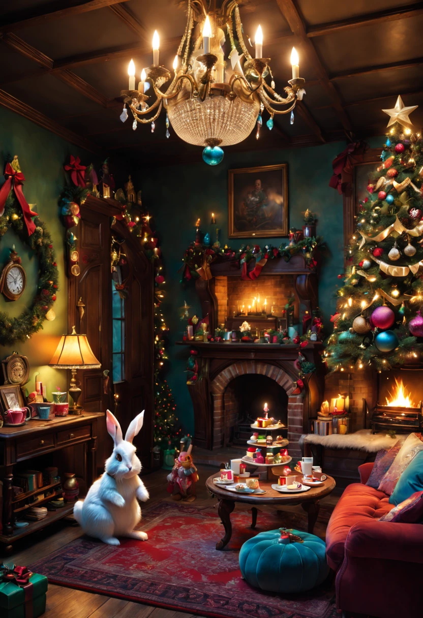 (photorealistic:1.2),ultra-detailed,Christmas, Alice in Wonderland style, living room, cozy atmosphere,chimney,decorated Christmas tree,presents,ornaments,fireplace,magical,tea set,playing cards furniture,enchanted lighting,vivid colors,mysterious,rabbit hole,quirky details,magic potion,dreamlike,adorable chandelier,dancing furniture,smiling clock,curious mirror,whimsical,unusual perspective,magical doorways,plush cushions,sparkling snowflakes,jolly atmosphere,cupcakes and treats, festive ornaments,mischievous grin,happy surprises,imaginative,joyful celebration, fantasy wonderland, whimsical decorations,carefully placed stockings,candle lights,cosy carpet,fairy lights,celebration of wonder,exciting holiday spirit,enchanted decorations, joy and warmth, delightful surprises, wonder-filled festivities, magical and charming ambiance,creative and playful, holiday cheer
