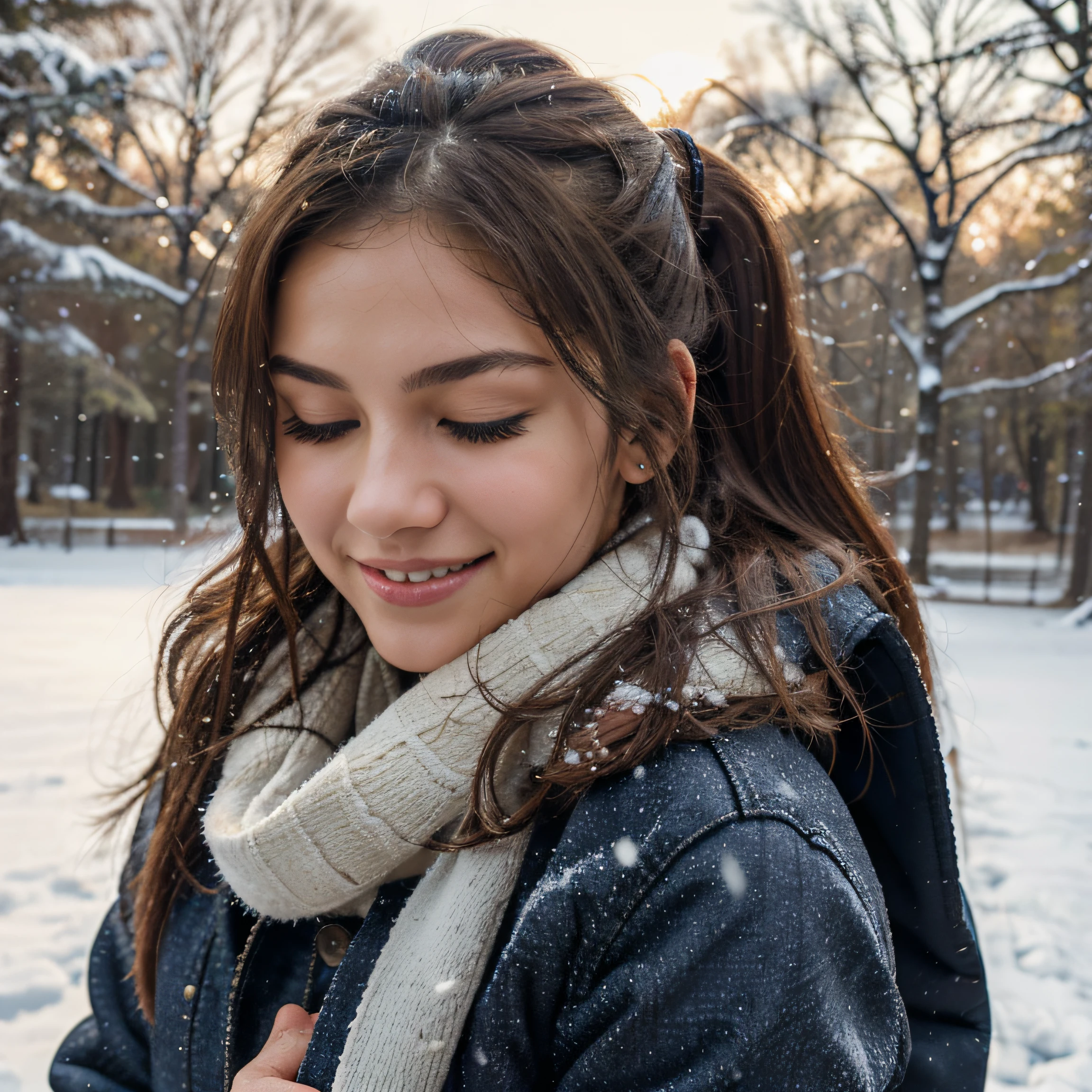 masterpiece, best quality, ultra-detailed, brown eyes, dark brunette, ponytail, more smile, natural light, black winter jacket, (1 girl, solo: 1.3), winter czech park, (light in hair), jeans, (frozen lake on in the background as a decoration: 0.8), winter, more snow, dynamic posture, (flirting with camera: 0.7), closed eyes, dreaming, happines, love winter
