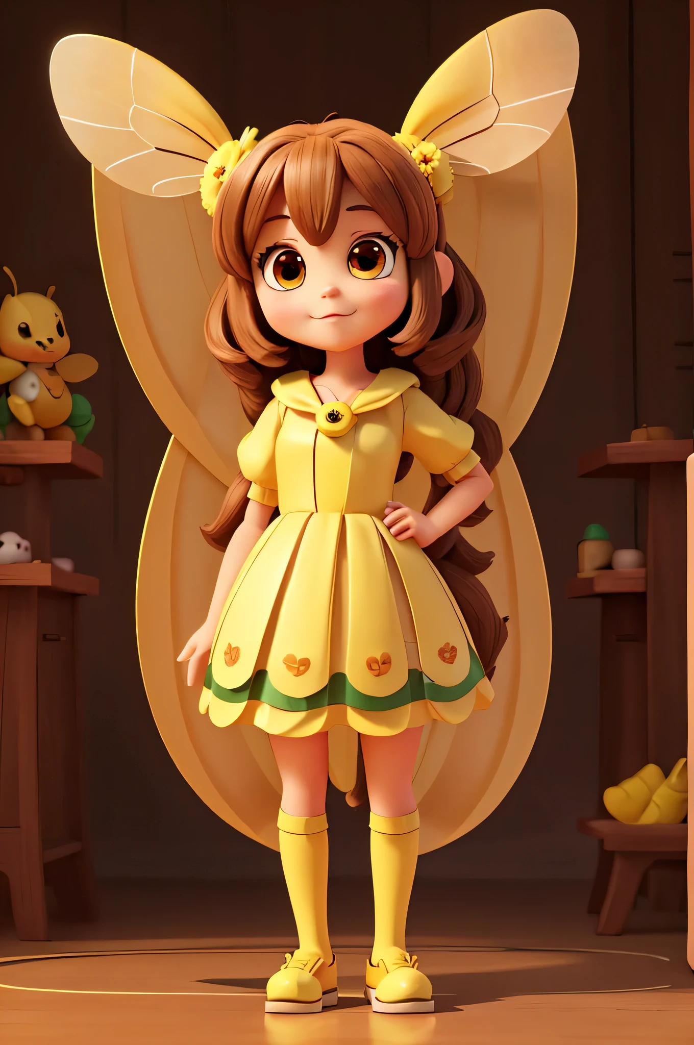 Wearing a cute bee costume,Cute bee image,Anthropomorphism of bees,Anime girl standing, 3D style, offcial art, blindbox, studio light,3D,full-body portraits!, , High quality anime art style, Official character art, Q version doll,Three-dimensional feeling,colored,the detail,move