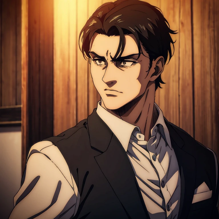 A male character with black hair styled in the Mappa art style, his hair are short, featuring brown eyes. He is depicted in a black shirt, showcasing a sharp jawline. He is also wearing black three piece suit. He is also fair. The artwork should have the best quality, with ultra-detailed and realistic features. The color palette should be vivid, and the lighting should emphasize the character's facial structure and expression.