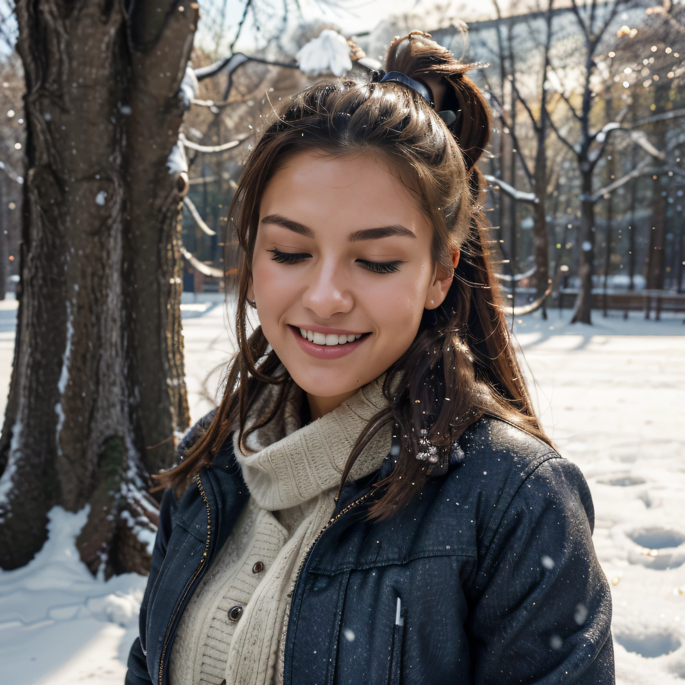 masterpiece, best quality, ultra-detailed, brown eyes, dark brunette, ponytail, more smile, natural light, black winter jacket, (1 girl, solo: 1.3), winter czech park, (light in hair), jeans, (frozen lake on in the background as a decoration: 0.8), winter, more snow, dynamic posture, (flirting with camera: 0.7), closed eyes, dreaming, happines, love winter