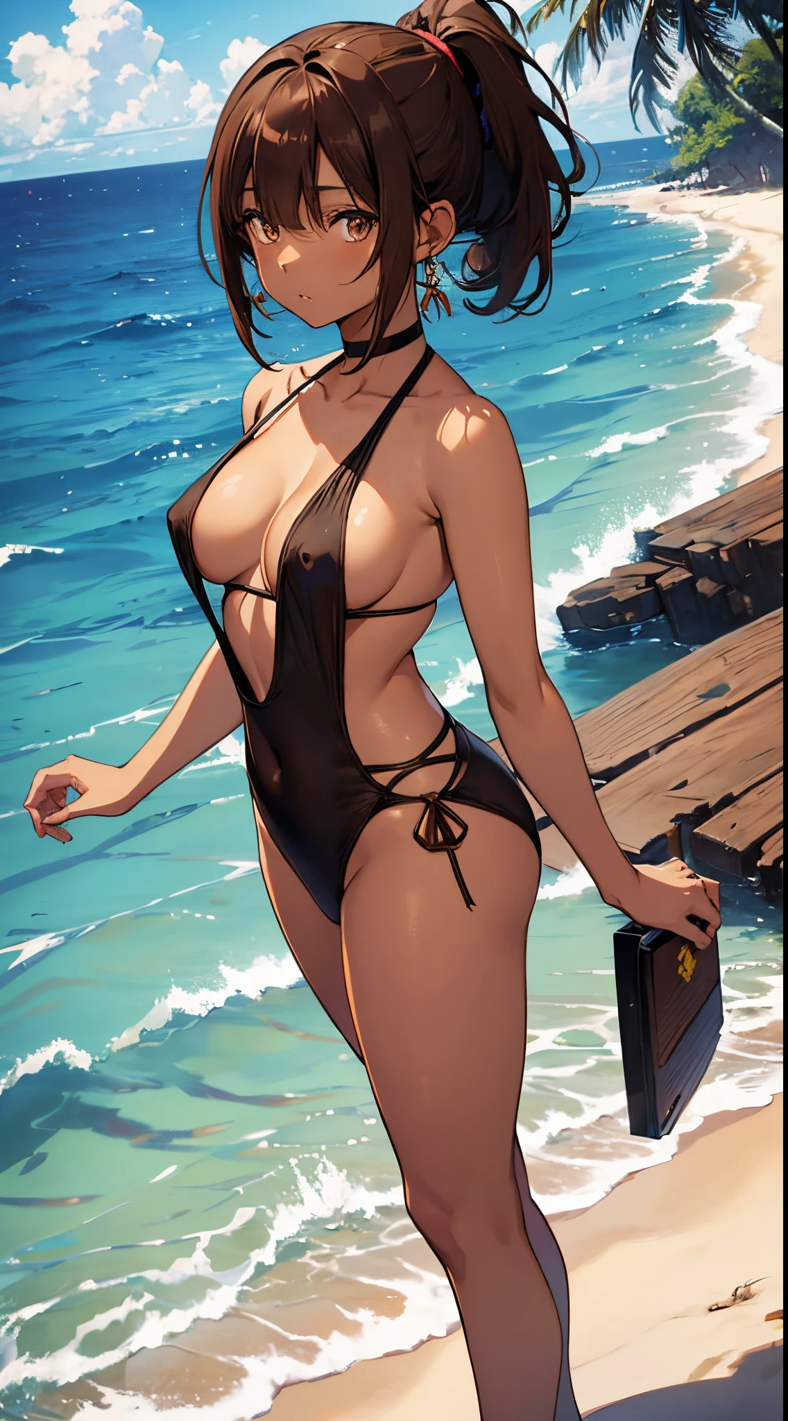 Young cute anime girl, dark hair, dark eyes, jitters, sleepy eyes, ((brown skin: 1.6)), big eyes, (short ponytail: 1.4), asymmetrical bangs, hair over one eye, fringe, earrings, slender, flat chest, short height, detailed anime style, anime Painting, anime Face, high quality, high detail, super high resolution, sharpness, sharp contours, full body, perfect anatomy, golden ratio, deadpan, micro-bikini, swimming costume, sandals, nipples, beach