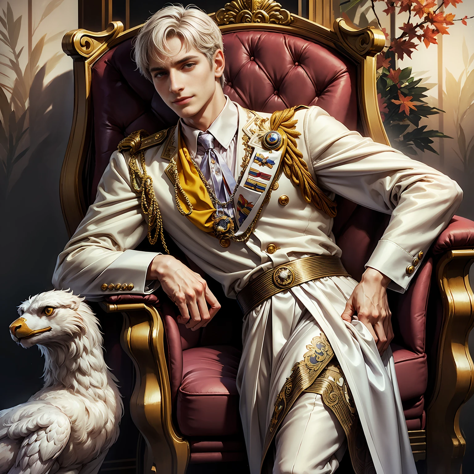 Reincarnation of the Roman emperor Constantine the Great, wearing a suit, eyes that shine brightly like the eyes of a lion, eyes sharp like an eagle, a gentle smile, a calm but cool-headed, ambitious, aura of a ruler, a first-class politician, tall, strong,  Rome background, autumn, maple leaves,