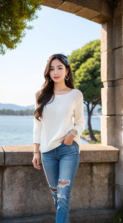This image features Rin, a stunningly beautiful Asian woman, in a hyper-realistic and ultra-detailed style. She is strolling around the Fukuoka Castle ruins in Fukuoka City, radiating queenly elegance. Rin's long, silky, brown hair flows gently as she moves, complemented by a luxurious diamond-filled hair accessory. Her skin is porcelain white, smooth, and youthful. She wears a beautifully detailed white sweater and blue jeans, both exuding ultra-realism. Her look is completed with intricate, high-quality jewelry, including sparkling diamond earrings. The backdrop of sea ruins adds to the scene's majesty.