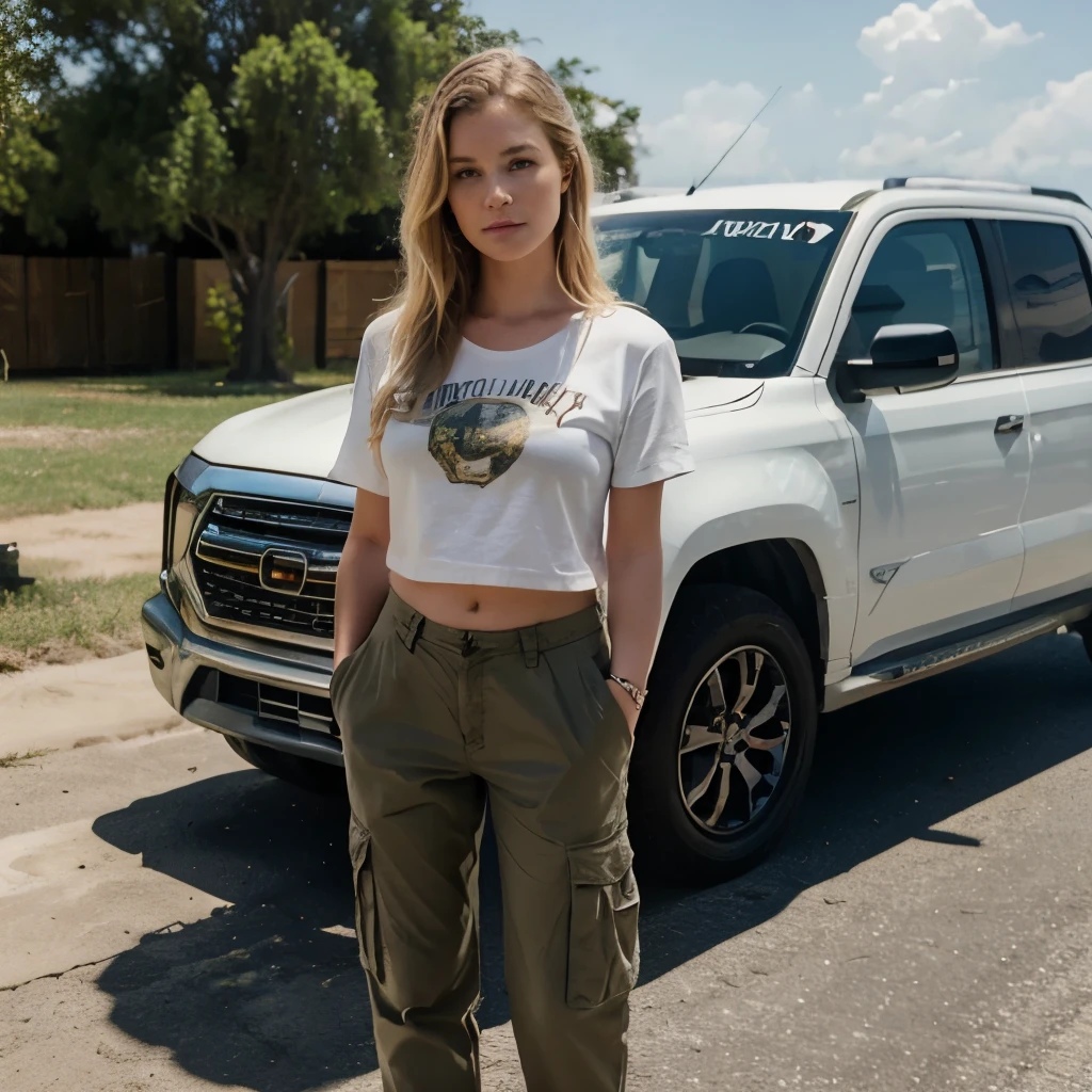 Schauspielerin Madelyn Cline, Originell aussehend, 8K, outer banks, ultrarealistic, netflix, full body view, natural looking, crop Tshirt, low waisted cargo pants, blonde, Sarah Cameron Outer Banks, barefoot