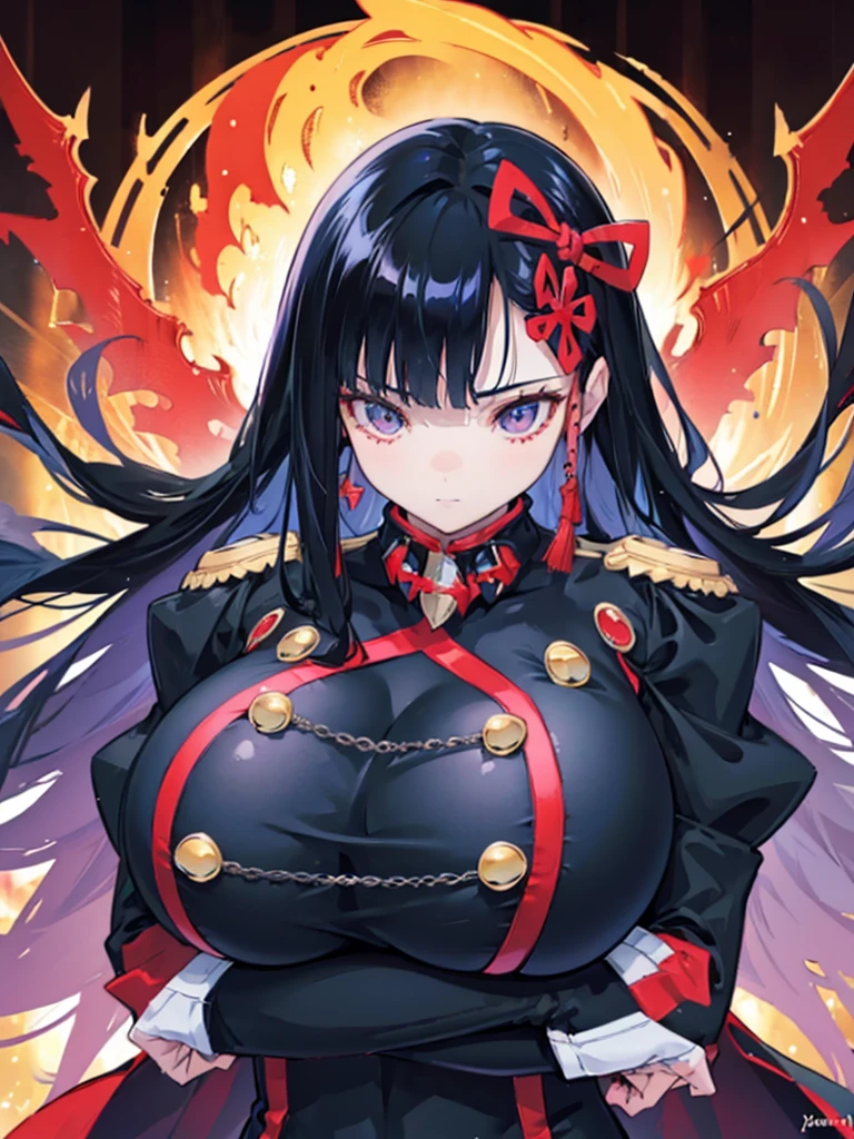 yamashiro768, style of highschool DxD, upper body, best detailed girl, focus on eyes, crossed arms, beautiful detailed fullbody, Perfect female body, woman, 20 years old, black long straight, flowing hair, detailed black hair, beautiful detailed Glass hair, extremely beautiful detailed anime face and eyes, light smile, Fire in eyes, huge breasts, zettai ryouiki, Lavender eyes, highly detailed skin, red bow, detached collar, military, cross-laced footwear, high heels, black legwear, black Clothes, study,BREAK,(gigantic breasts:1.5),