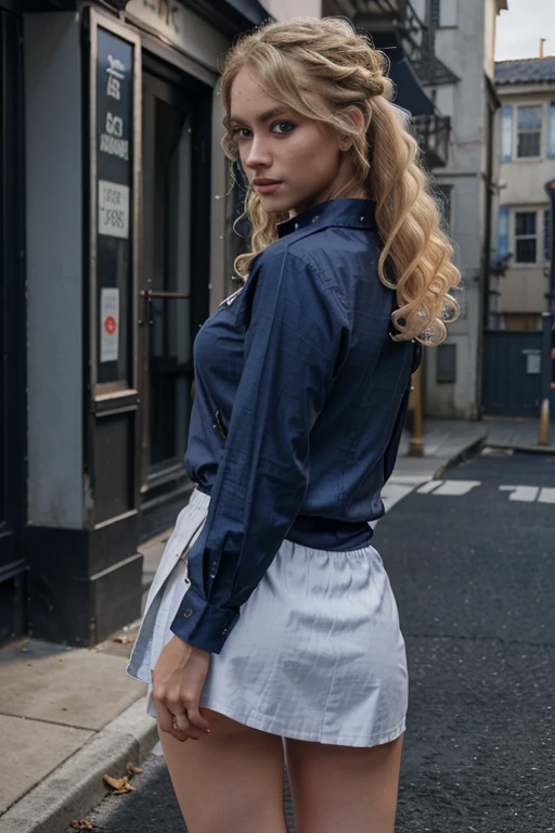 Aggressive burglar man with her,Mini white skirt in the wind,40k, photography, masterpiece, best quality, dark gray background, behind, sfw, (1girl blue eyes and blonde hair soon curly), ass until waiting wearing, (semi shirt aberta_outfit: 1.ink outfit: 1.3).
