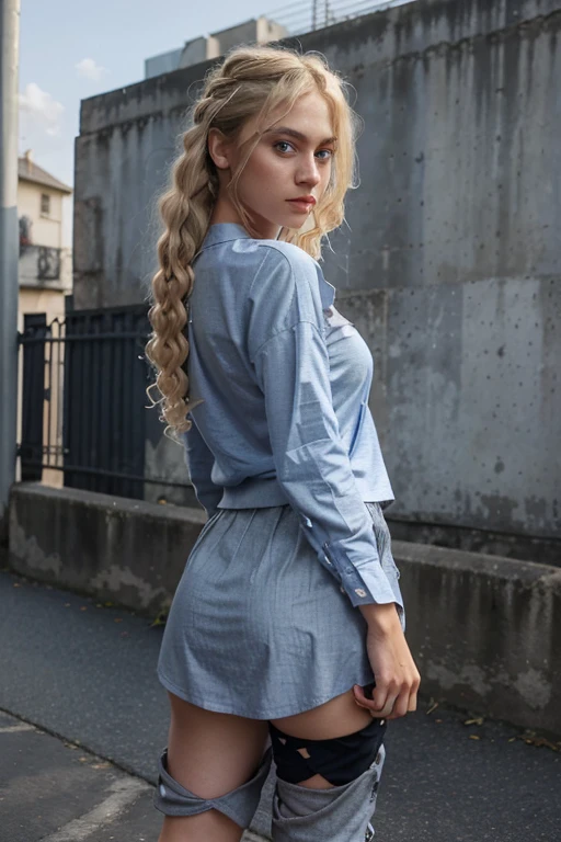 Aggressive burglar man with her,Mini white skirt in the wind,40k, photography, masterpiece, best quality, dark gray background, behind, sfw, (1girl blue eyes and blonde hair soon curly), ass until waiting wearing, (semi shirt aberta_outfit: 1.ink outfit: 1.3).