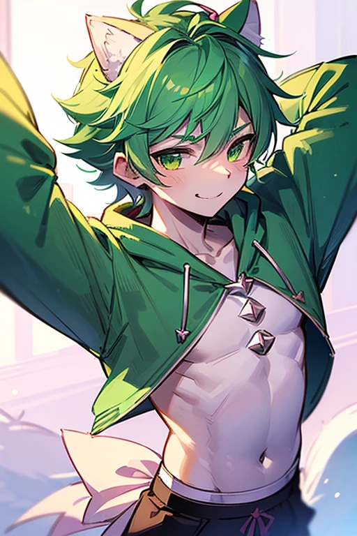 (((8K))), (((wolf))), ((spiky hair)), (((magical boy outfit))), nose bandage, (((limegreen hair))), boy, schoolboy, cute boy, cute, lime green eyes, lime green hoodie, long muzzle, smiling, delinquent, handsome, very detailed, intricate detail, detailed face, cute fang, enthusiastic, energetic, playful, pink nose, black fur, white inner fur, white belly, ((magic boy)), ((madoka anime)), (((Puella Magi Madoka Magica))), (((holding bow))), (((1boy))), from a magical girl team, boyish face, magical boy, Magi-shounen, shorts