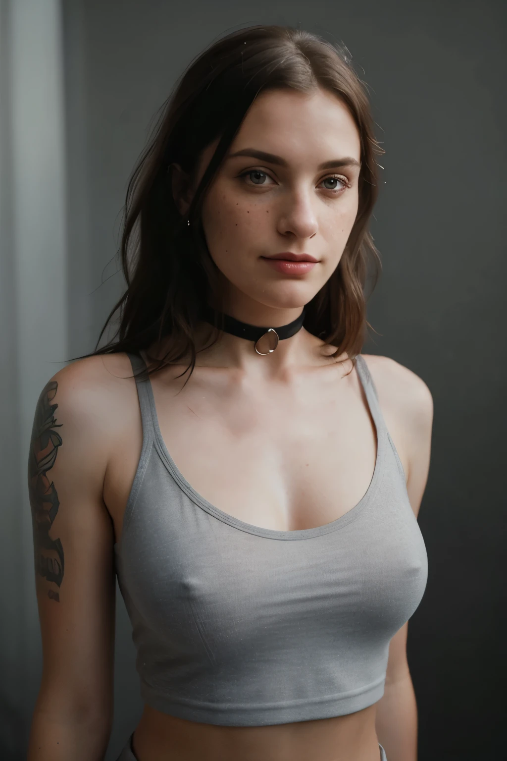 photo, rule of thirds, dramatic lighting, medium hair, detailed face, detailed nose, woman wearing tank top, freckles, collar or choker, smirk, tattoo, intricate background ,realism, realistic, raw, analog, woman, portrait, photorealistic, analog, realism full body, portrait ,Beautiful woman wearing a tank top no bra, analog photograph, professional fashion photoshoot, hyperrealistic, masterpiece,