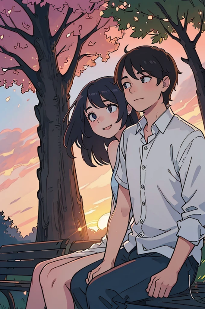 1 man, 1 girl, Sit on a bench, park, girl with ponytail, sunset lightอันน่าทึ่ง, Realistic landscapes, beautiful detail eyes, gentle smile, bestquality, ultra-detail, Romantic atmosphere, sunset colors, Warm and soft light, lovers in the park, The expression is happy and relaxed., Delicate and natural poses, Light breeze, sunlight shining through trees, The atmosphere is calm and peaceful., The happy couple is enjoying the moment., Beautiful summer evening, lushness, brightly colored, dreamy atmosphere, whisper sweet words, sparkling eyes, sunset light, couple in love, romantic date, love is in the air.