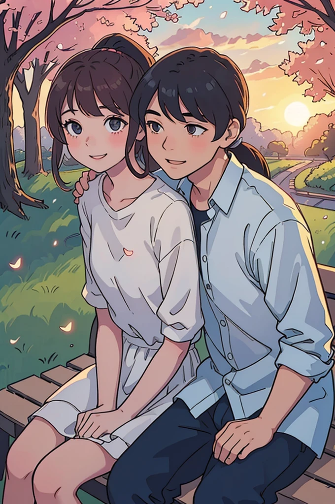 1 man, 1 girl, Sit on a bench, park, girl with ponytail, sunset lightอันน่าทึ่ง, Realistic landscapes, beautiful detail eyes, gentle smile, bestquality, ultra-detail, Romantic atmosphere, sunset colors, Warm and soft light, lovers in the park, The expression is happy and relaxed., Delicate and natural poses, Light breeze, sunlight shining through trees, The atmosphere is calm and peaceful., The happy couple is enjoying the moment., Beautiful summer evening, lushness, brightly colored, dreamy atmosphere, whisper sweet words, sparkling eyes, sunset light, couple in love, romantic date, love is in the air.