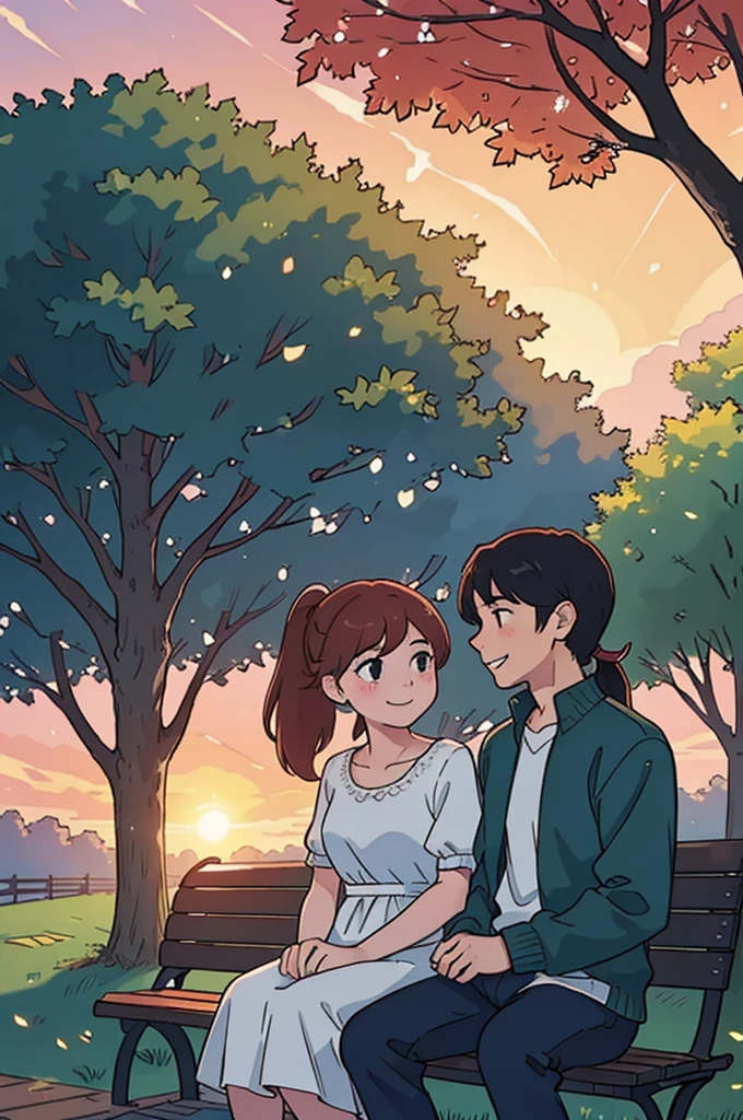 1 man, 1 girl, Sit on a bench, park, girl with ponytail, sunset lightอันน่าทึ่ง, Realistic landscapes, beautiful detail eyes, gentle smile, bestquality, ultra-detail, Romantic atmosphere, sunset colors, Warm and soft light, lovers in the park, The expression is happy and relaxed., Delicate and natural poses, Light breeze, sunlight shining through trees, The atmosphere is calm and peaceful., The happy couple is enjoying the moment., Beautiful summer evening, lushness, brightly colored, dreamy atmosphere, whisper sweet words, sparkling eyes, sunset light, couple in love, romantic date, love is in the air.