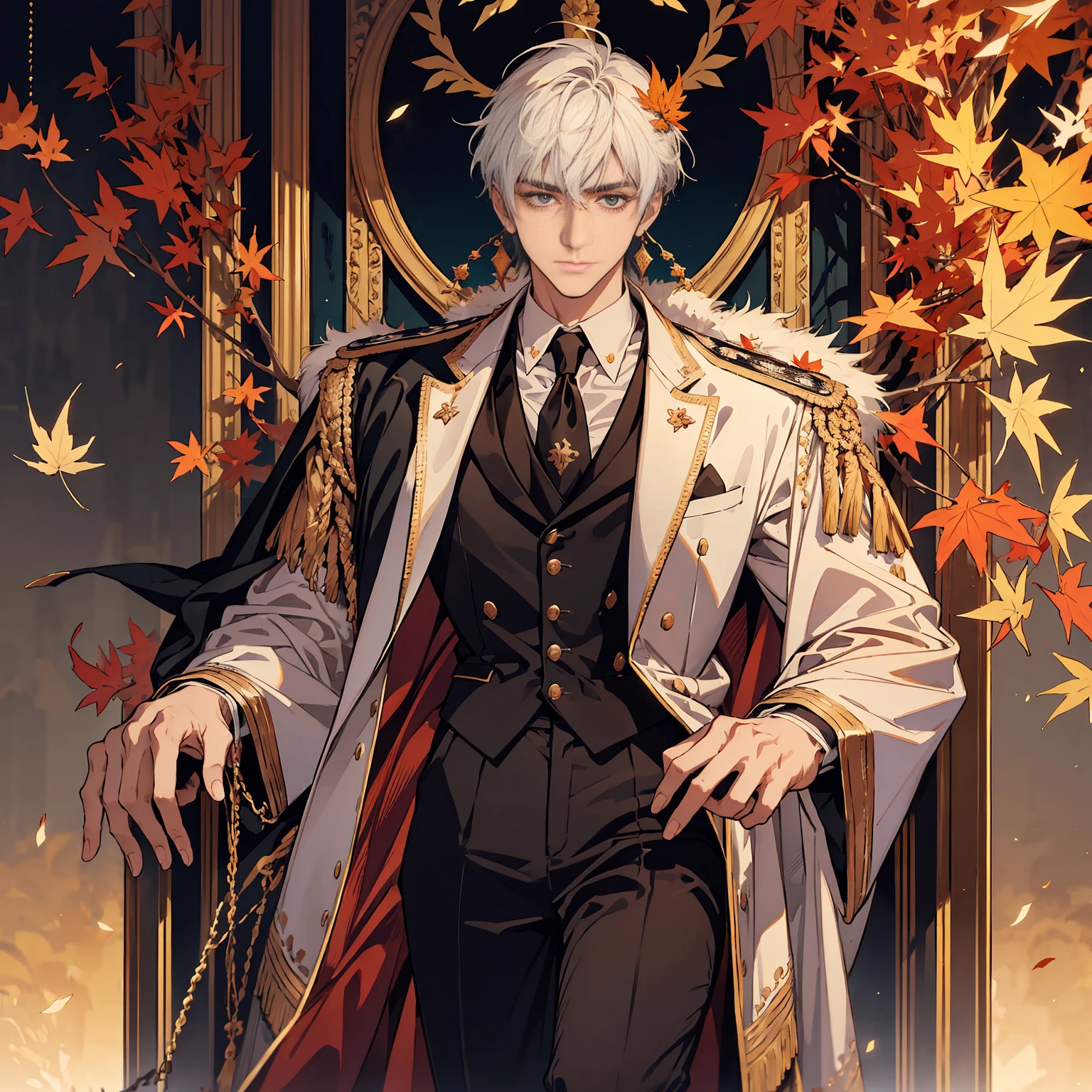 Reincarnation of the Roman emperor Constantine the Great, wearing a suit, eyes that shine brightly like the eyes of a lion, eyes sharp like an eagle, a gentle smile, a calm but cool-headed, ambitious, aura of a ruler, a first-class politician, tall, strong, Rome background, autumn, maple leaves,