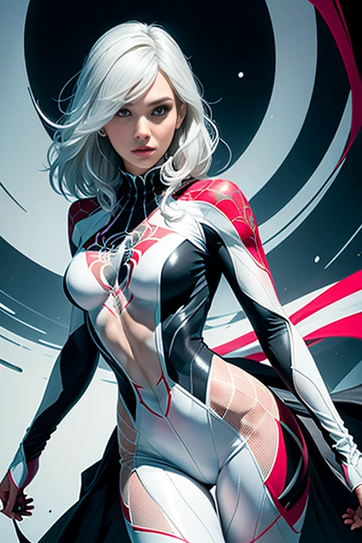 spider gwen, Hot, partial , hightquality, Dynamic Poses, Beautiful, Gorgeous, In love, White hair, Short suit, spider in a suit, white black red suit、Jessica Alba