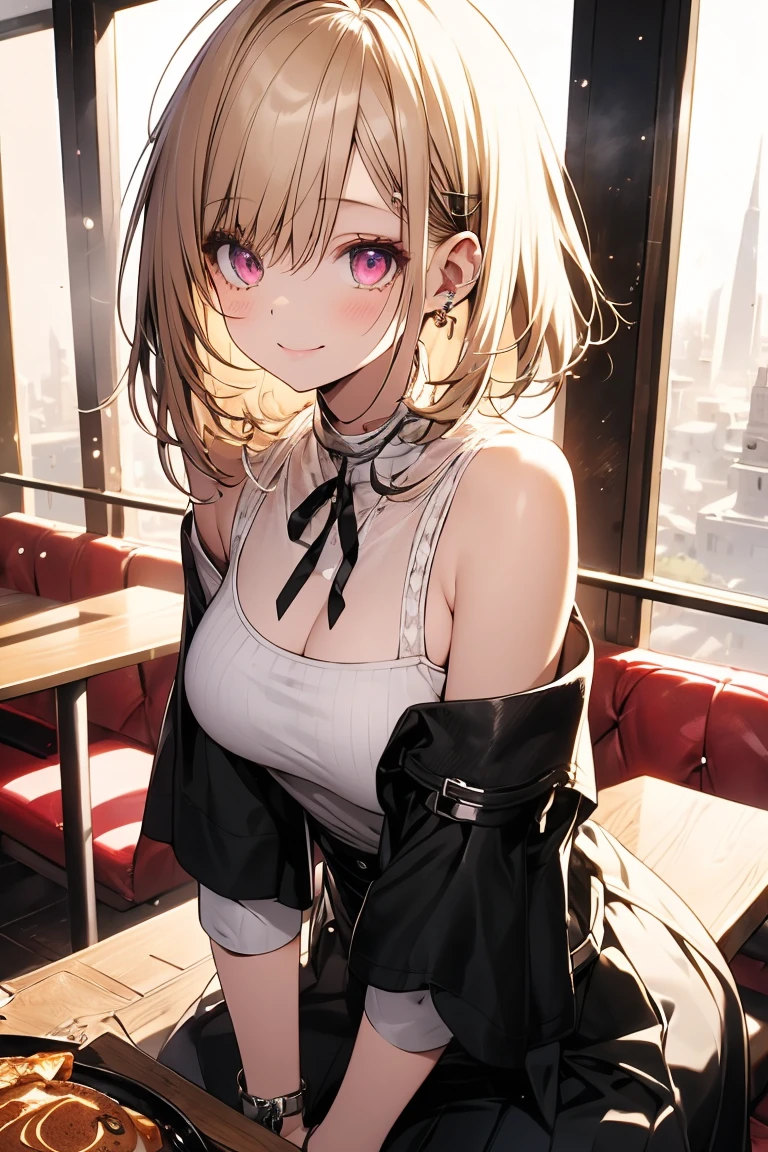 masterpiece, absurdres, best quality, ultra detailed, high Resolution, detailed illustration, extremely beautiful detailed face and eyes, bright colour, 1girl, (loli), cute face, Delicate beautiful face, magenta eyes, cute eyes, sparkling eyes, big eyes, medium breasts, (perky breasts:1.1), (pointy breasts:1.1), medium hips, glamorous body, white skin, smile, BREAK, long bob cut, (blonde hair:0.8), messy hair, detailed hair, shiny hair, BREAK off shoulder sweater, long skirt, tiny ribbon, restaurant, eating pancake, real world, natural lights, perfect lighting,