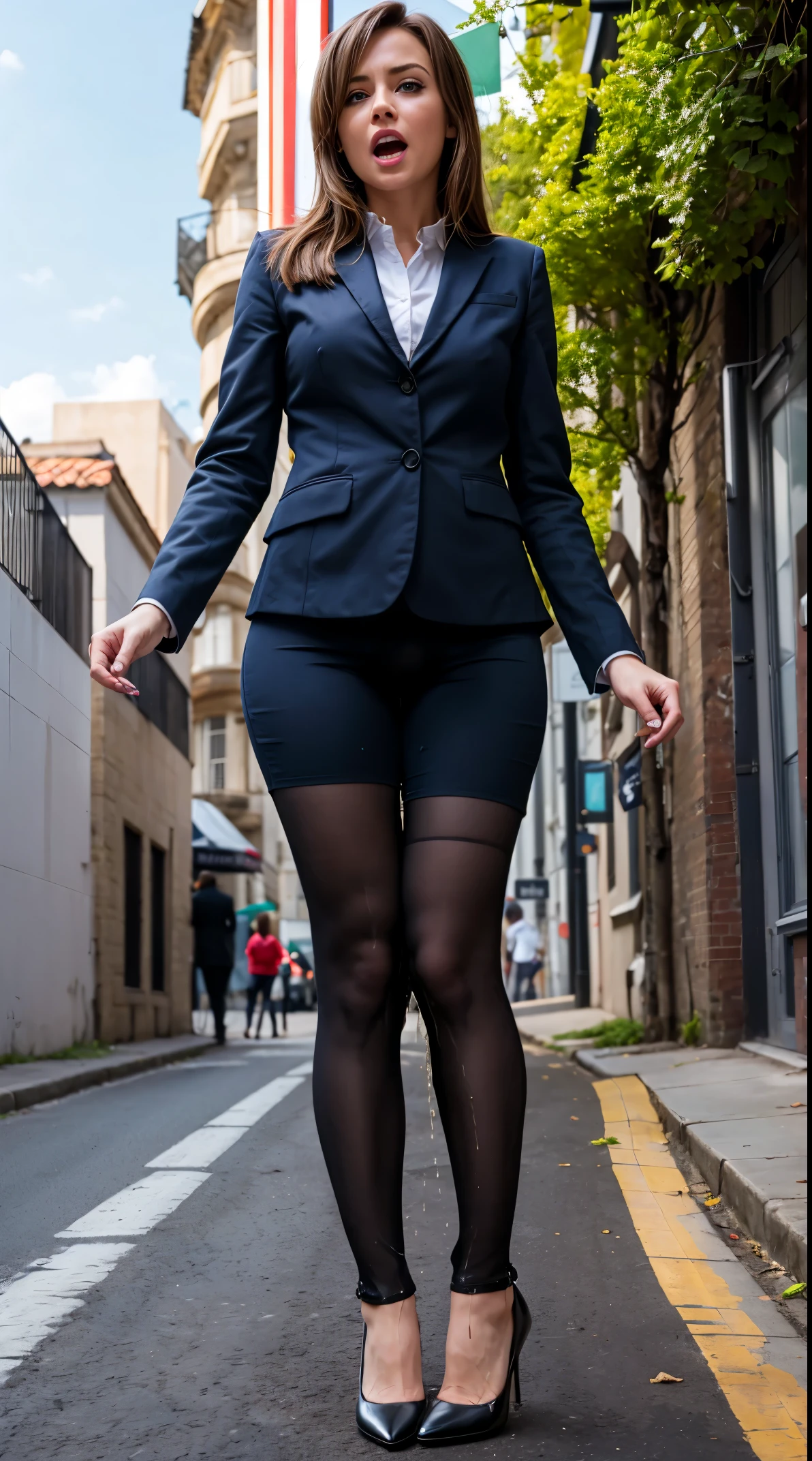 giantess art, a hyperrealistic , highly detailed giantess shot, der riese, Shorthair, Black pantyhose, A gigantic high school girl that exceeds a skyscraper, Wearing rimless glasses, Colossal , Navy blue blazer, Red tie, Mini Length Skirt, Black pantyhose, Pantyhose sole, Pantyhose Toe, hands off shoes, very small metropolis, Trying to destroy a miniature metropolis, Full body depiction, nffsw, Giga Giants, der riese, Black pantyhose, Pantyhose legs, Pantyhose sole, Stomping City, crash city, Small town, micro city,