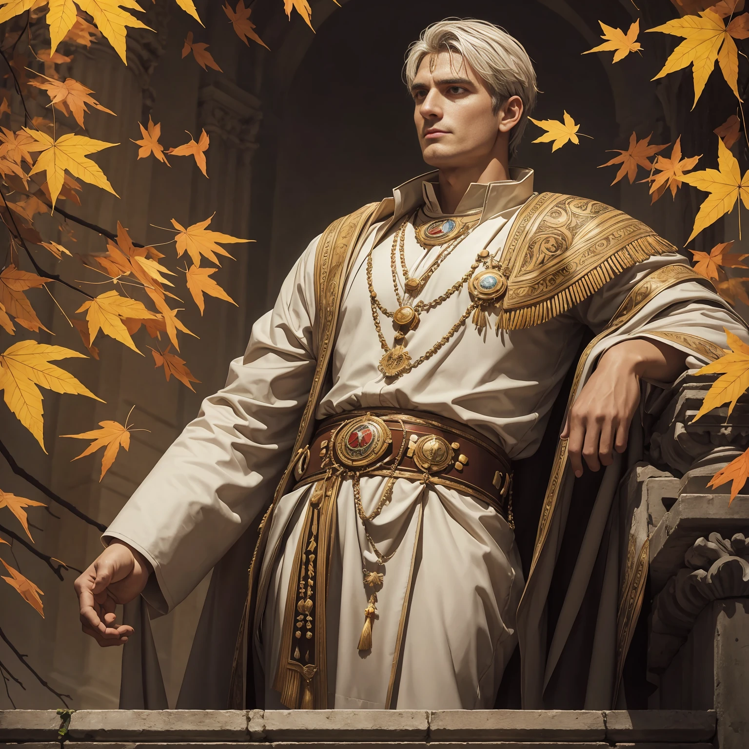Reincarnation of the Roman emperor Constantine the Great, wearing a suit, eyes that shine brightly like the eyes of a lion, eyes sharp like an eagle, a gentle smile, a calm but cool-headed, ambitious, aura of a ruler, a first-class politician, tall, strong, Rome background, autumn, maple leaves,
