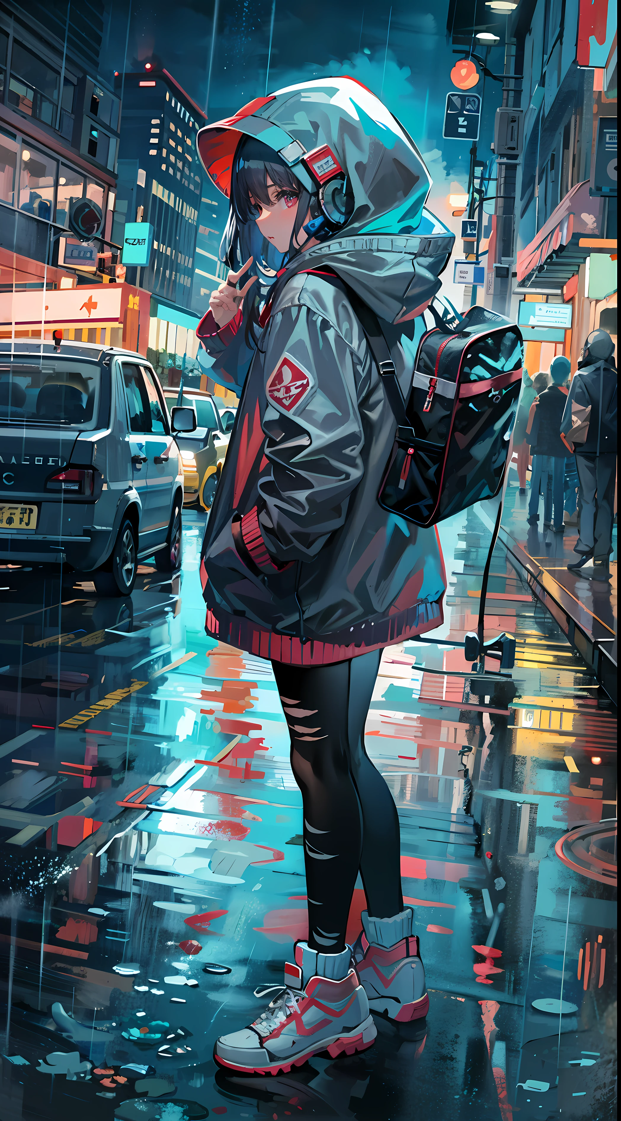masterpiece, girl alone, solo, incredibly absurd, hoodie, headphones, street, outdoor, rain, neon,