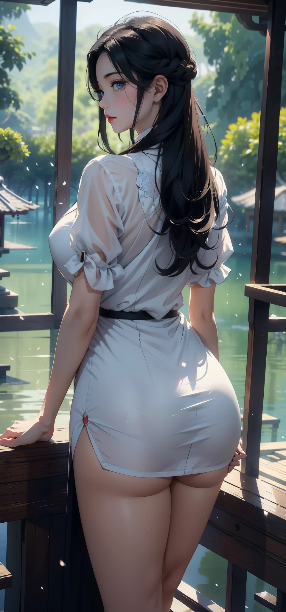 1female,45 yers old,Married woman,legs long, a slender waist, photo exposure, 独奏,(Background with:lake,lotus flower,at a forest) She has short black hair,standing in water,从frontage看, sky with many clouds,(((tmasterpiece),(Very detailed CG unified 8k wallpaper),Best quality,电影灯光,detailed back ground,beautiful pupil,(very delicate beautiful),(Beautiful and detailed eyes description),ultra - detailed,tmasterpiece,))Redlip,Snow-white skin,a little bit chubby,pubic hair very large,facing at the camera,A high resolution,ultra - detailed),Revealed,Very huge,Big breasts that expose the,, convex,Camel toes,(dressed in:,White transparent vest,shorter pantacing at the camera,frontage