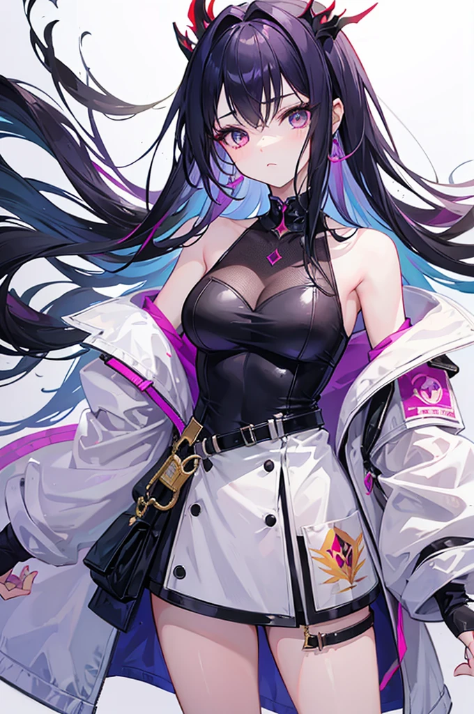 This image is、A very attractive and detailed portrait of a woman.。Below is the detailed prompt for the image。

--- In the center of this image、A young woman is depicted。Her appearance is very impressive、What really catches your eye are her bright yellow eyes.。The eyes emit a strong light、It gives her a mysterious and sharp look.。The contours of her face are soft、Skin is smooth and has a healthy glow。

Her hair is black、Place々Has purple highlights。Long hair、It flows naturally like waves.。Some of her hair hangs down the side of her face.、Overall, the casual style is emphasized。Her attire is casual and、She is wearing a purple tank top and a mini skirt.。This outfit reflects her stylish and contemporary taste.。

She has a tattoo on her arm、There is a large design on the left arm.。The tattoo is carefully drawn in detail.、Emphasizes her personality。Also、There is a small tattoo on his right arm.。She has a black choker around her neck.、The pendant hangs。This accessory adds an edgy element to her overall look.。

She is sitting with her head slightly tilted forward.、The gaze is fixed straight ahead。Although his facial expression is calm,、Gives a confident impression。The background around her is simple.、Designed so that the focus is entirely on her。The background is a light grey color.、It brings out her vibrant colors。

Overall、This image is very detailed.、Character personality and style are emphasized。Her unique fashion sense and tattoos、It brings out her strong personality and modern appeal.。It is a work that perfectly combines modern and artistic elements that users love.。