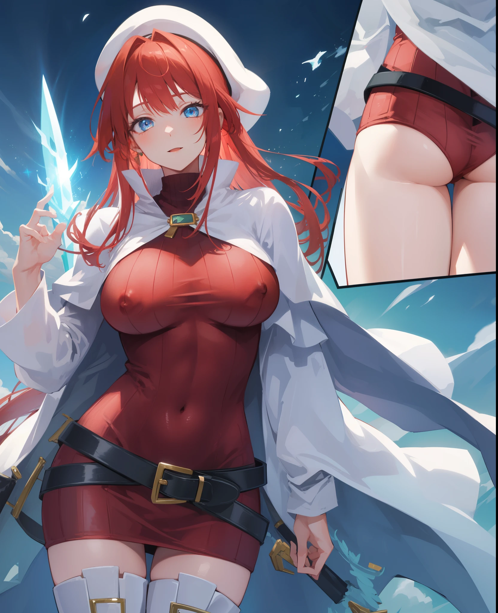 summonnightaty, aty, long hair, blue eyes, red hair, beret, hat, glasses,
BREAK long hair, thighhighs, hat, dress, boots, glasses, belt, cape, sweater, zettai ryouiki, beret, thigh boots, white footwear, ribbed sweater, loose belt,,
BREAK outdoors, fantasy_town,
BREAK (masterpiece:1.2), best quality, high resolution, unity 8k wallpaper, (illustration:0.8), (beautiful detailed eyes:1.6), extremely detailed face, perfect lighting, extremely detailed CG, (perfect hands, perfect anatomy),(covered_nipples:1.3),covered_navel,light_smile,dynamic_posing ,walking,(half_eyes:1.2),light_open_mouth,sword,armpit