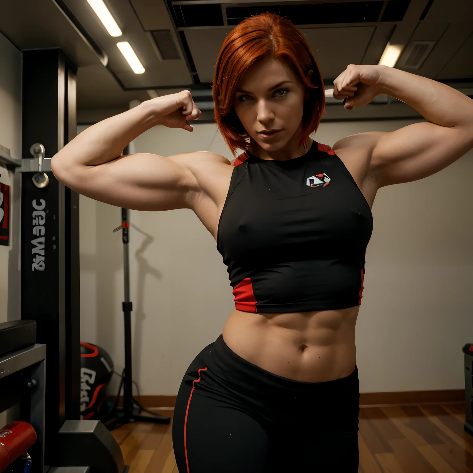 Red head femshep flexing biceps, pose, working out, athletic, mass effect