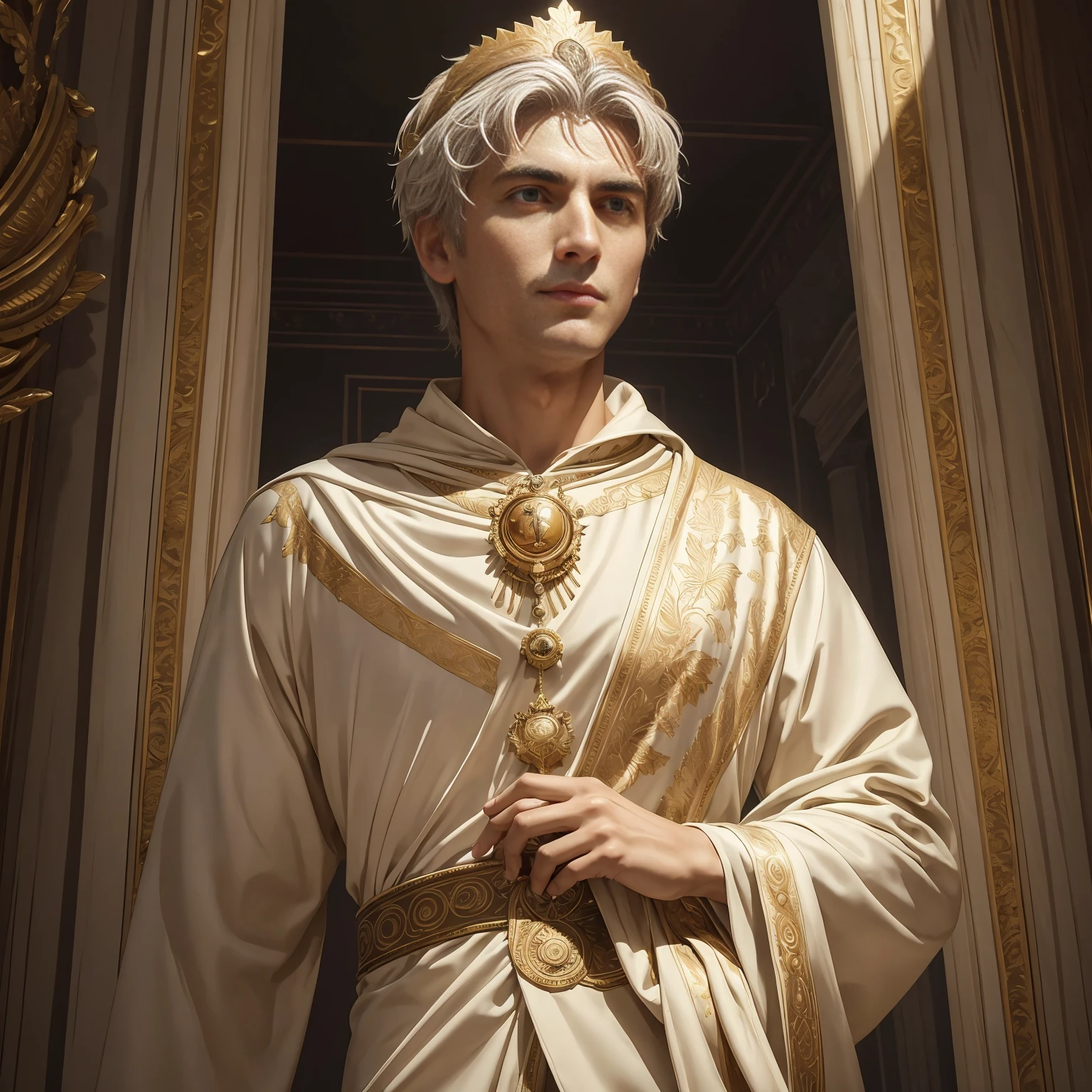Reincarnation of the Roman emperor Constantine the Great, wearing a suit, eyes that shine brightly like the eyes of a lion, eyes sharp like an eagle, a gentle smile, a calm but cool-headed, ambitious, aura of a ruler, a first-class politician, tall, strong, Rome background, autumn, maple leaves,masterpiece。top-quality。Super beautiful。The ultra -The high-definition。detaileds。exquisite。(masutepiece, Digital Art, Digital Illustration, 4K, 8K, Ultra-detailed, beautiful image, Sharp Image, Photorealistic, Raw photo, Perfect face, Perfect lines, Perfect eyes, Soft lighting)