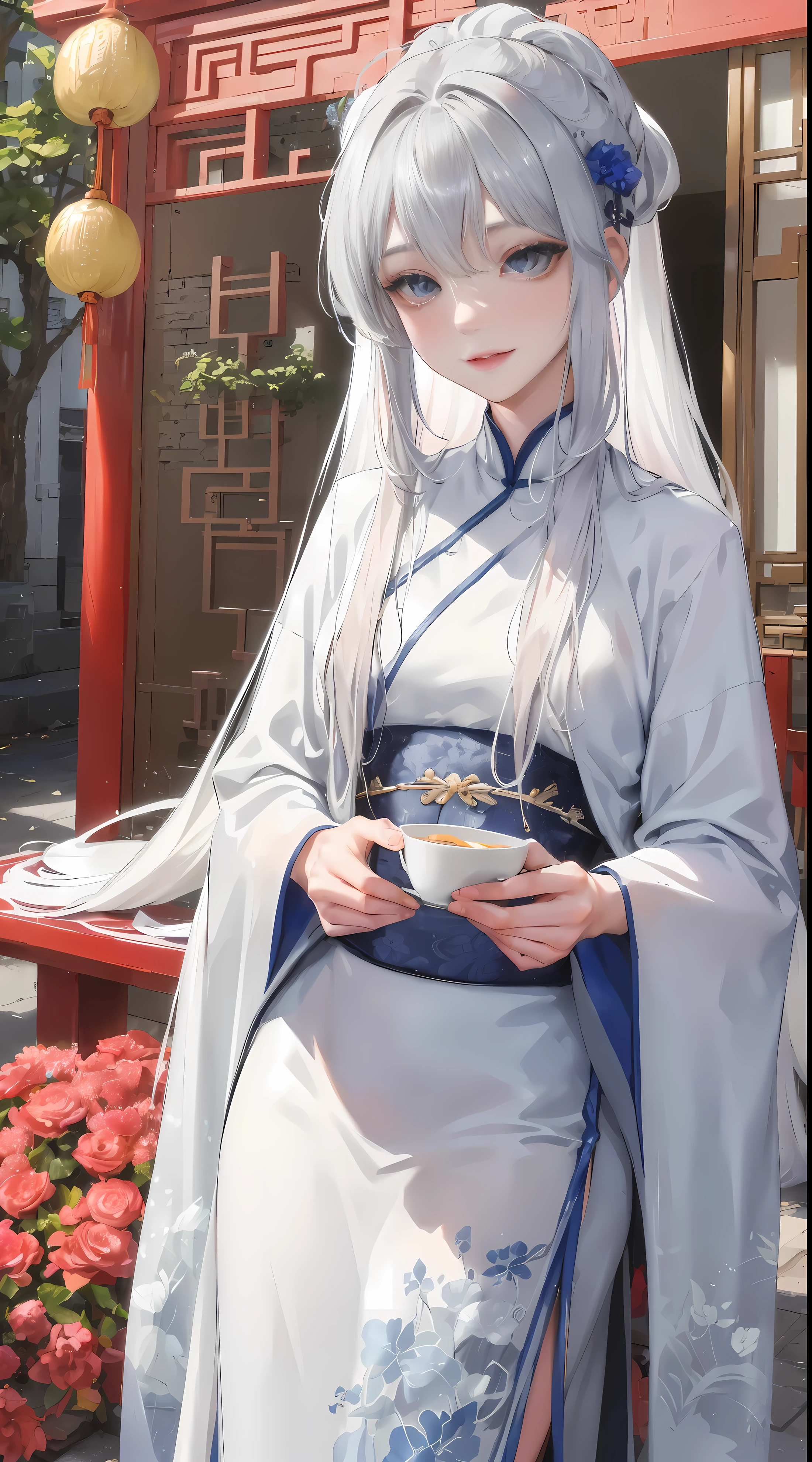 tmasterpiece，need，During the day，externality，celebrating，1人の女性，独奏，，mature，Chinese style，Ancient China，Sister，皇家Sister，cheerful，ssmile，Silver white long haired woman，grey blue eyes，shawl，through bangs，pale pink lip，white  clothes，