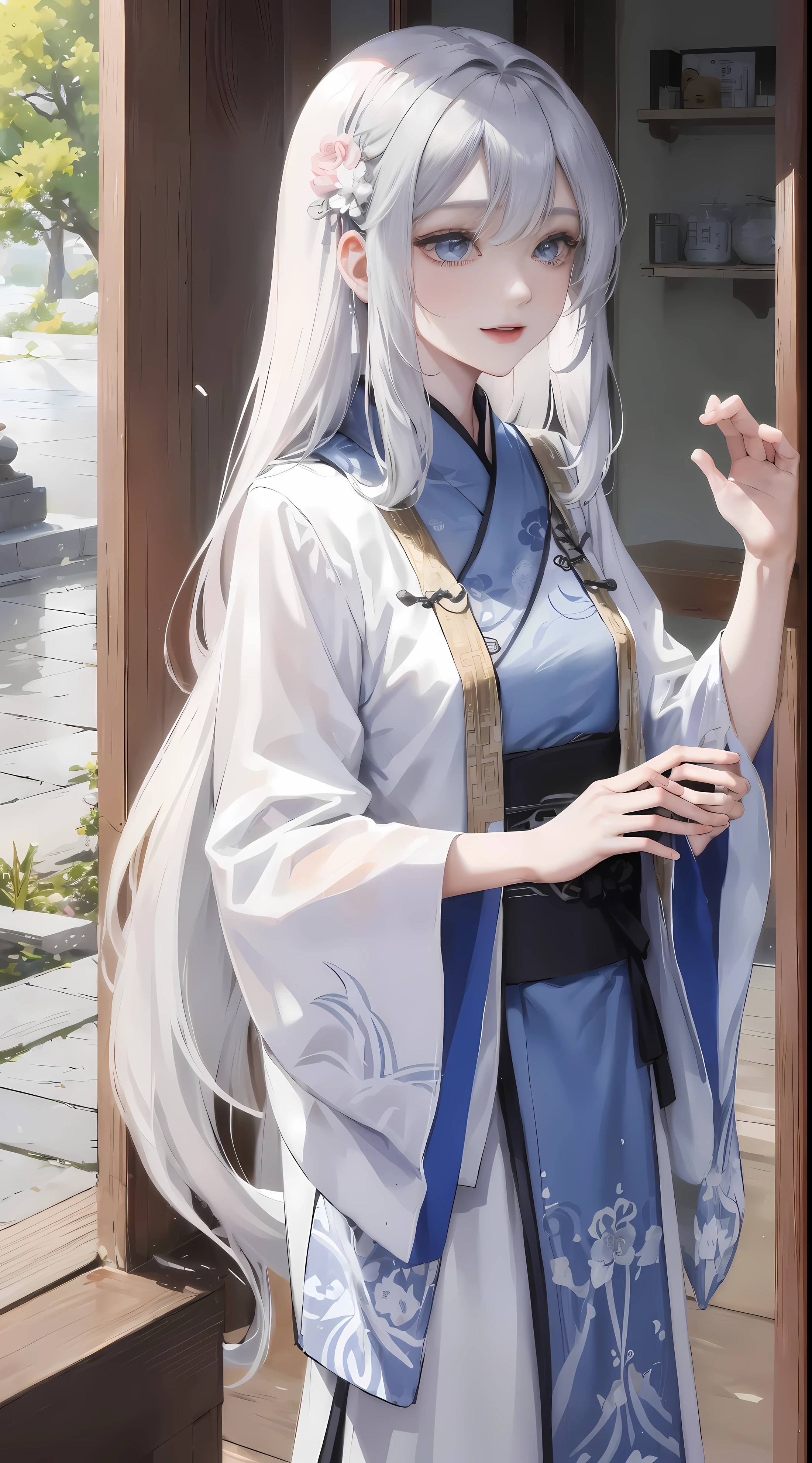 tmasterpiece,need,During the day,externality,celebrating,1人の女性,独奏,,mature,Chinese style,Ancient China,Sister,皇家Sister,cheerful,ssmile,Silver white long haired woman,grey blue eyes,shawl,through bangs,pale pink lip,white clothes,