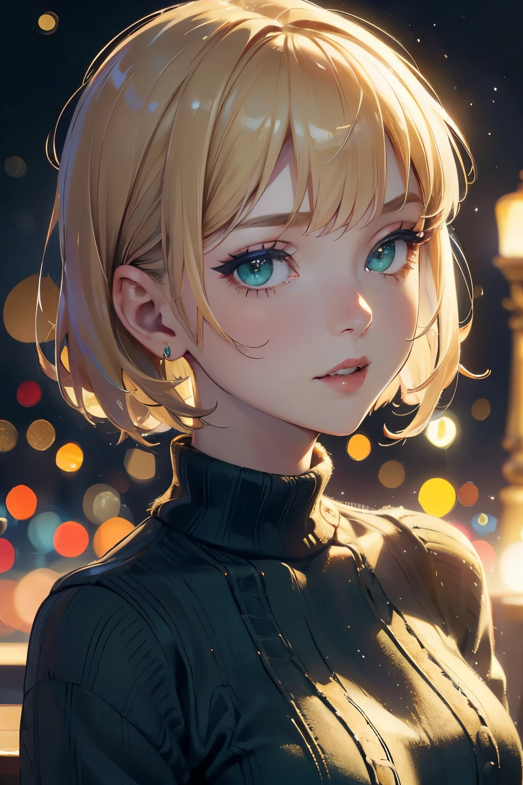 ((masterpiece,hight resolution,8K picture quality,top-quality)),1womanl,((extra detailed face)),Delicate eyes,((Eyes are green)),((hairstyle on:buzzcut,a blond)),lensflare,Dramatic makeup,Natural complexion,natta,Christmas tree,date,Red knitwear,laugh while turning around,nattaの雪,City of Illuminations,