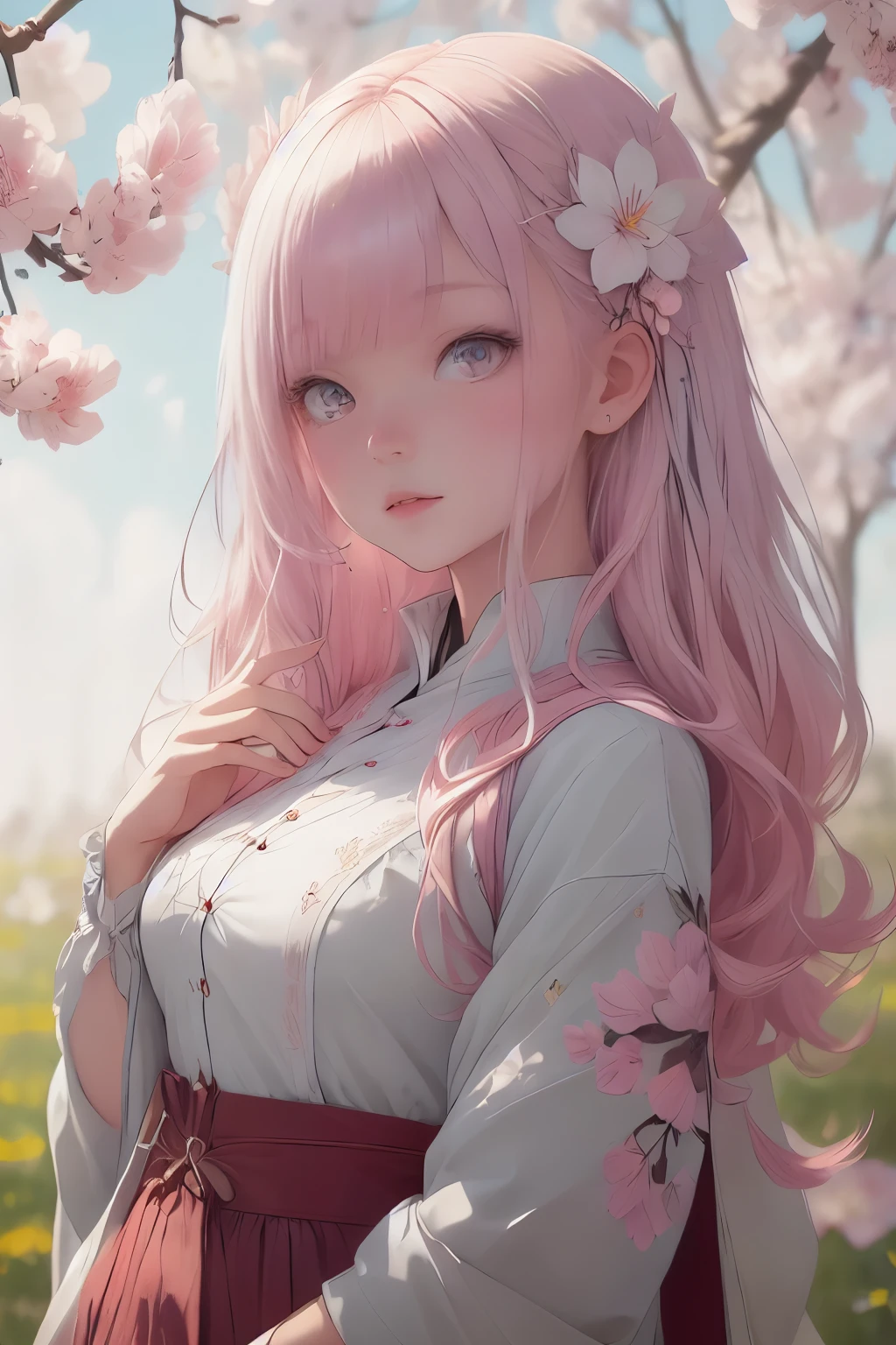 (White background:1.4),(White dirt road, Oriental elements)，(Nature Illustration Spring:1. art:1.3, Quilted  Art:1.2),( Reasonable design, Clear lines, High Sharpness,Best Quality, Very detailed, masutepiece, Movie Light Effects, 4K )(Cherry leaves、Cherry blossoms in spring:1.0)、Many cherry blossoms flutter、the wind、Background with、Spring-like、Girl Facing Left、Pink petals、A large number of cherry petals、very light pink hair、long , high detailed eyes