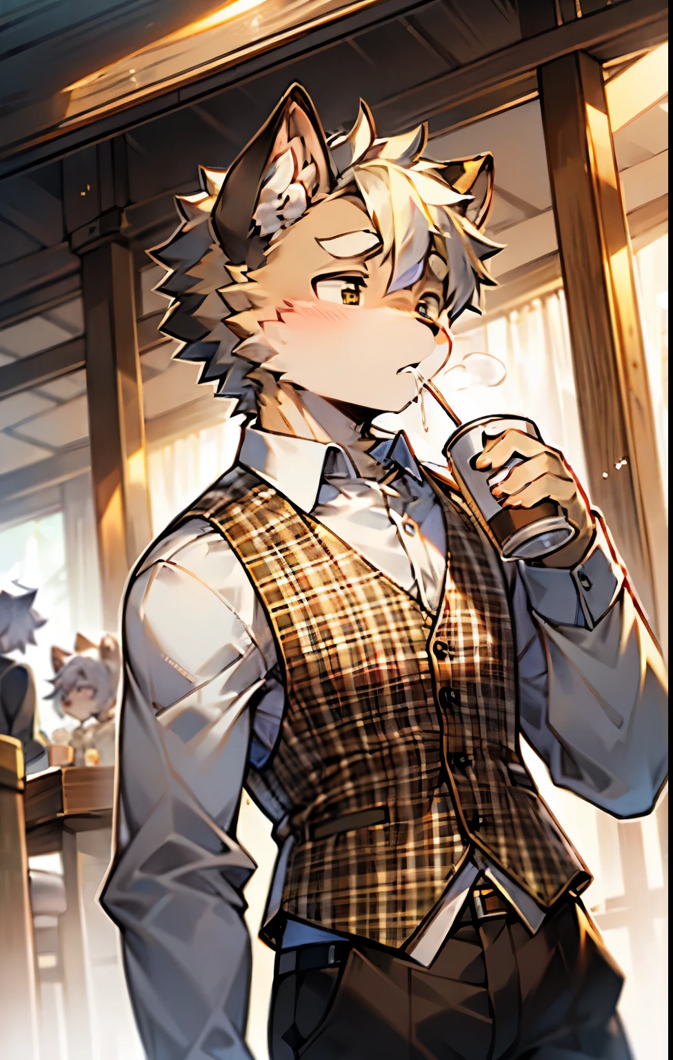 shaggy、male people、Ultra-clear 4K fanart、Siamese cat、Brown plaid vest、Gray long sleeves、light colors hair、Brown trousers，drinking a coffee
