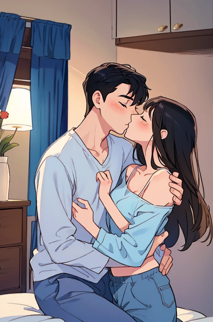 Concept Art,Love theme,illustration,1boy,1girls,kiss,Hetero,brunette hair,Closed eyes,topless male,Blush,Black Hair,pajama,blue trousers,long-haired,Seated,clavicle,trousers,couple,indoors,medium hair,cloudy,shirt,Put your hand on another person&#39;s shoulder.,long sleeve,Put your hand on another person&#39;s chest.,Short Hair Hair,