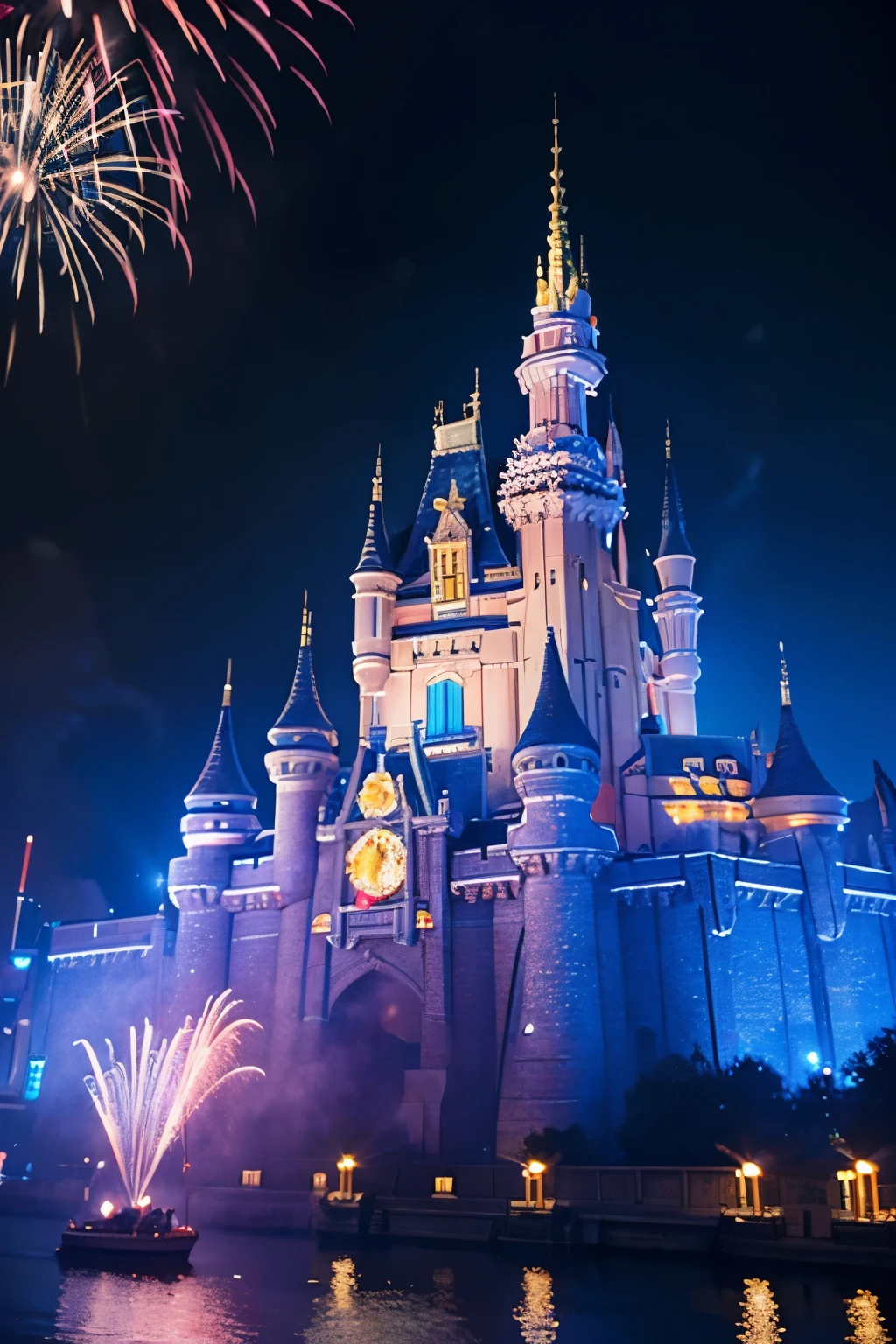 Shanghai Disney Castle，Close-up，The castle is tall，The castle has colorful lights，Lots of fireworks，3D，high high quality